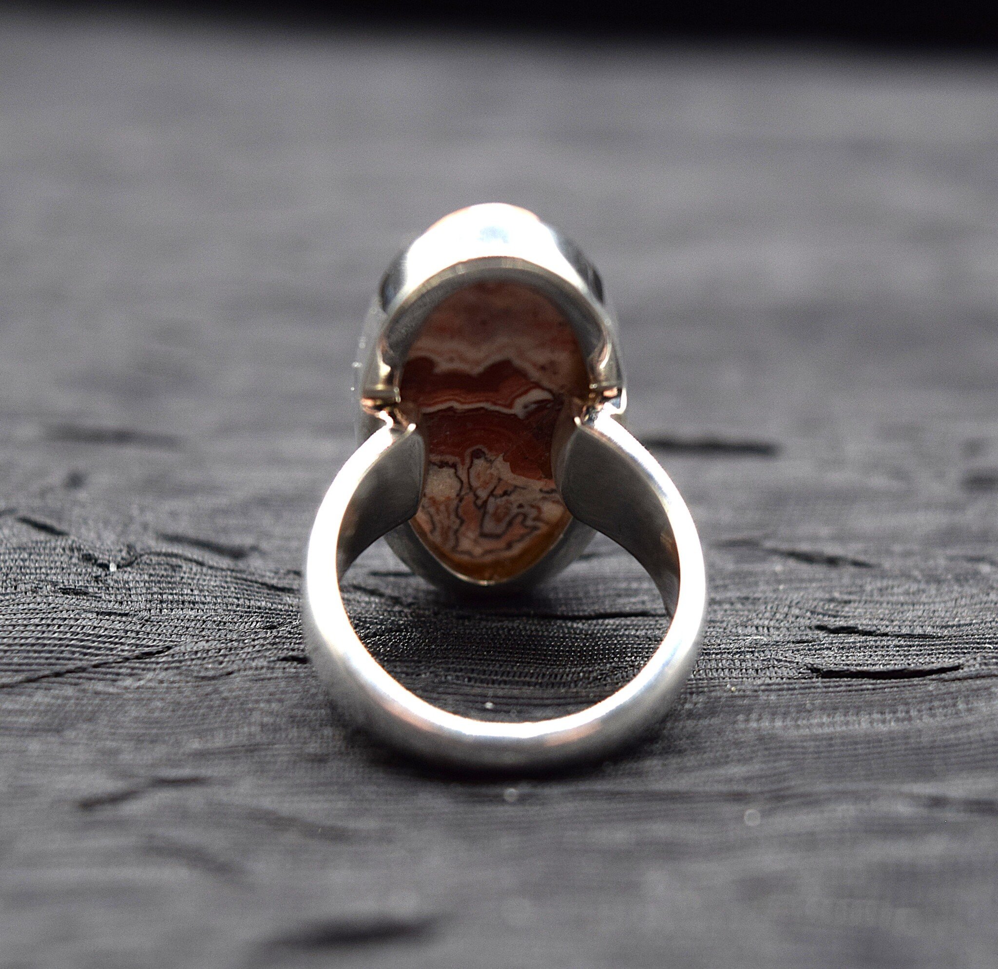 SS Mexican Crazy Lace Agate 25mm Oval Cab Bezel Set Ring Size 6