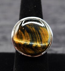 VIT 005 SS Tiger's Eye 25mm Round Ring. Sz 9