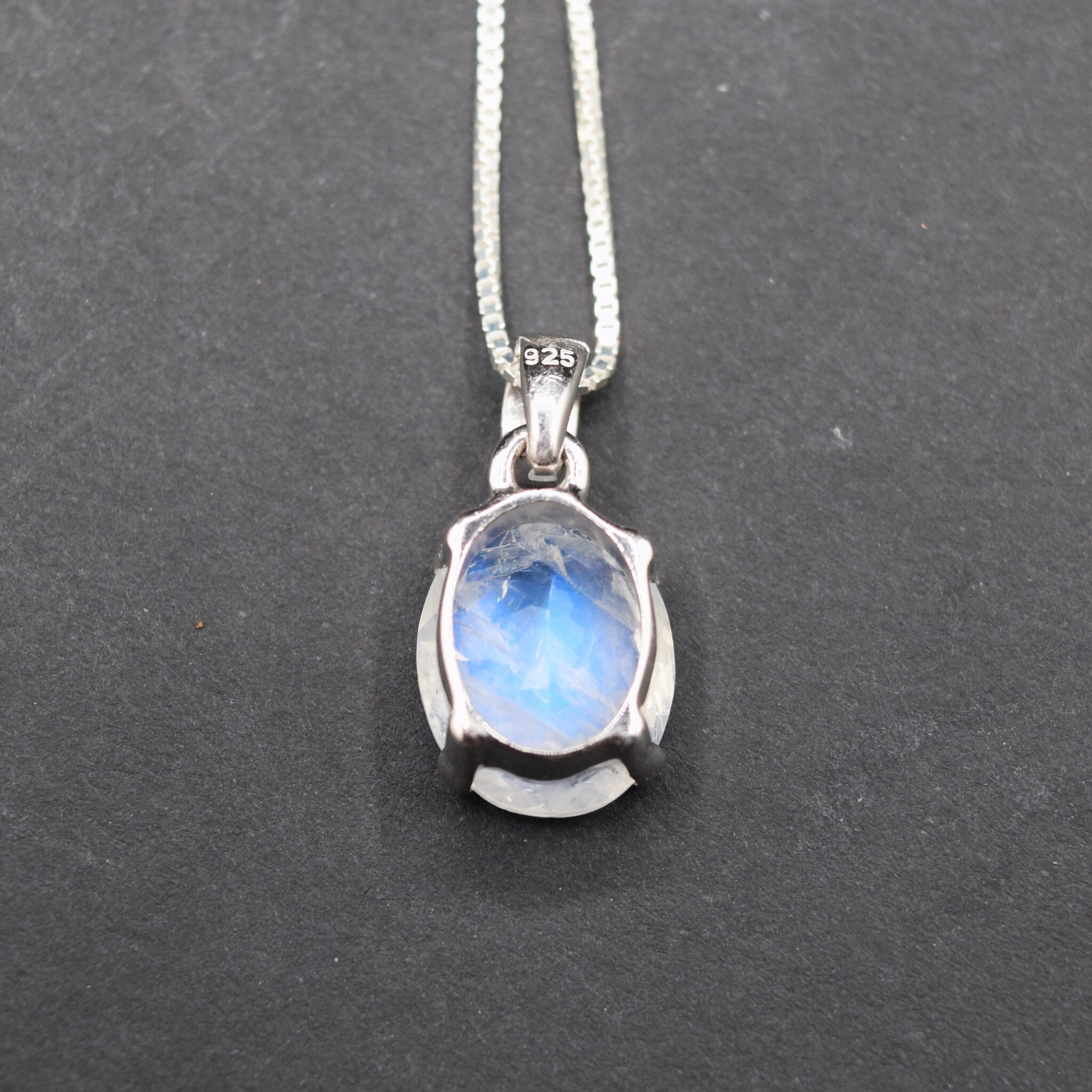 SS Rainbow Moonstone 12mm Faceted Oval Prong-Set on 18" Box Chain Necklace