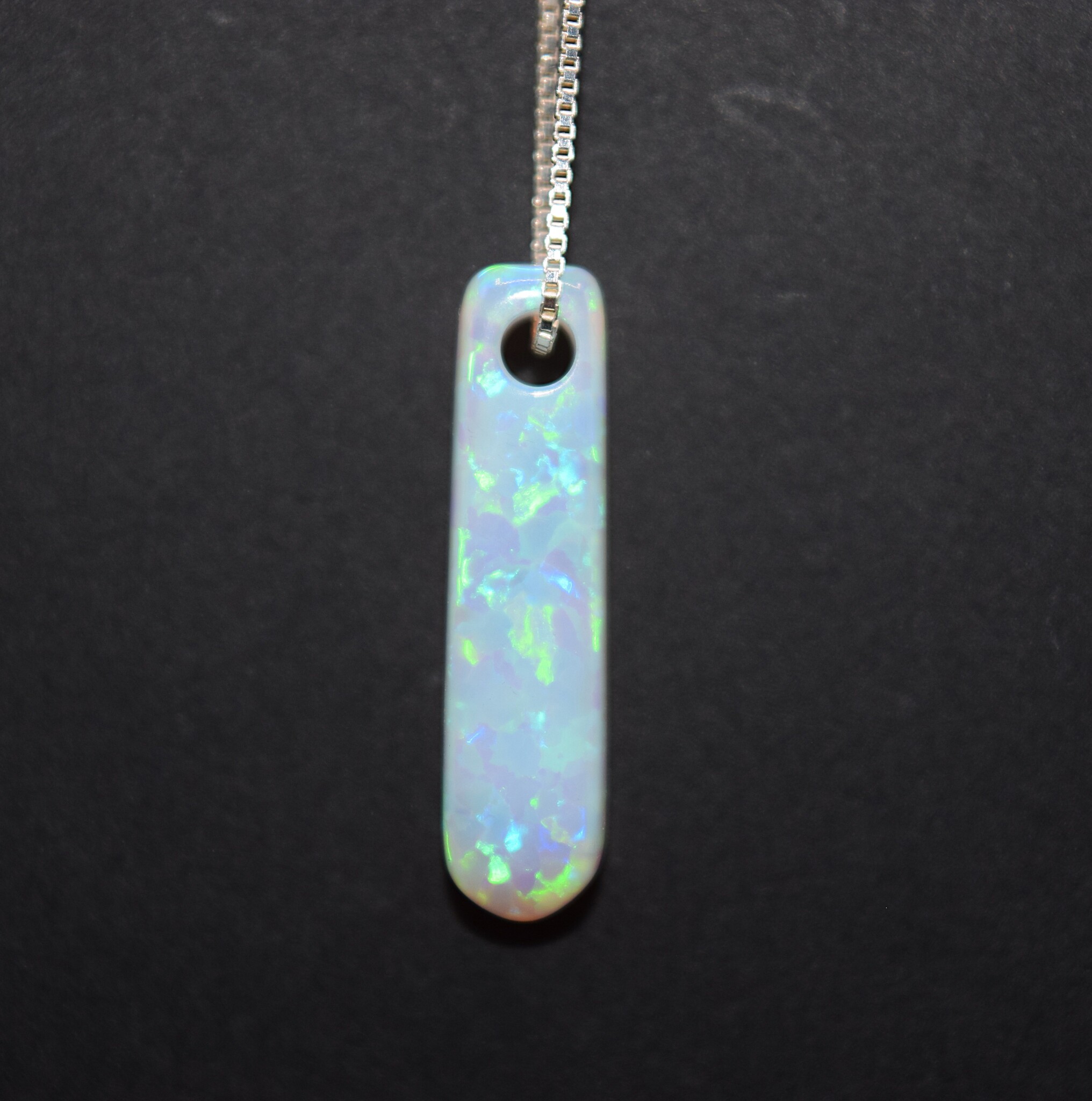 WLM 024 SS Lab Grown White Opal 21x6.5x6mm Drilled Bar Pendant With 18" 0.9mm Box Chain Necklace,