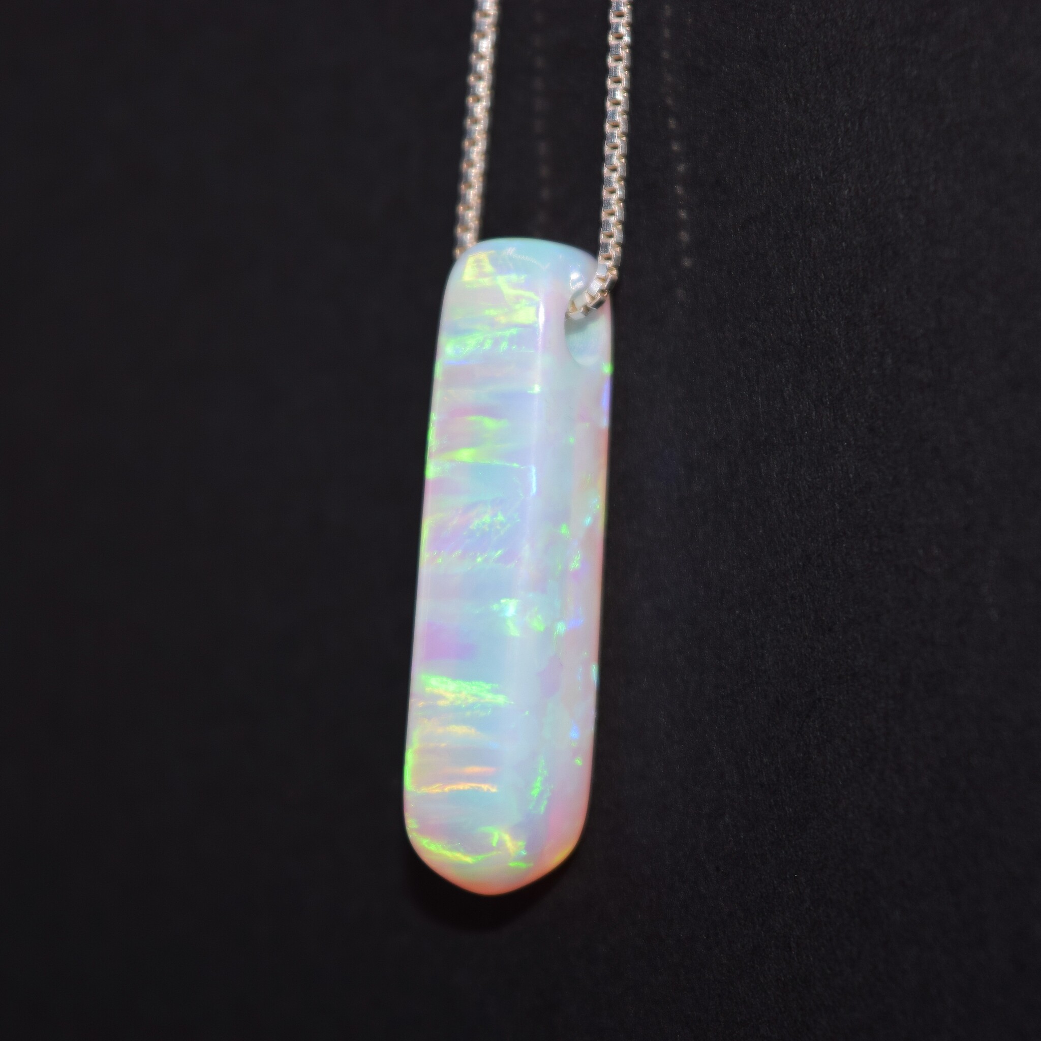 WLM 024 SS Lab Grown White Opal 21x6.5x6mm Drilled Bar Pendant With 18" 0.9mm Box Chain Necklace,
