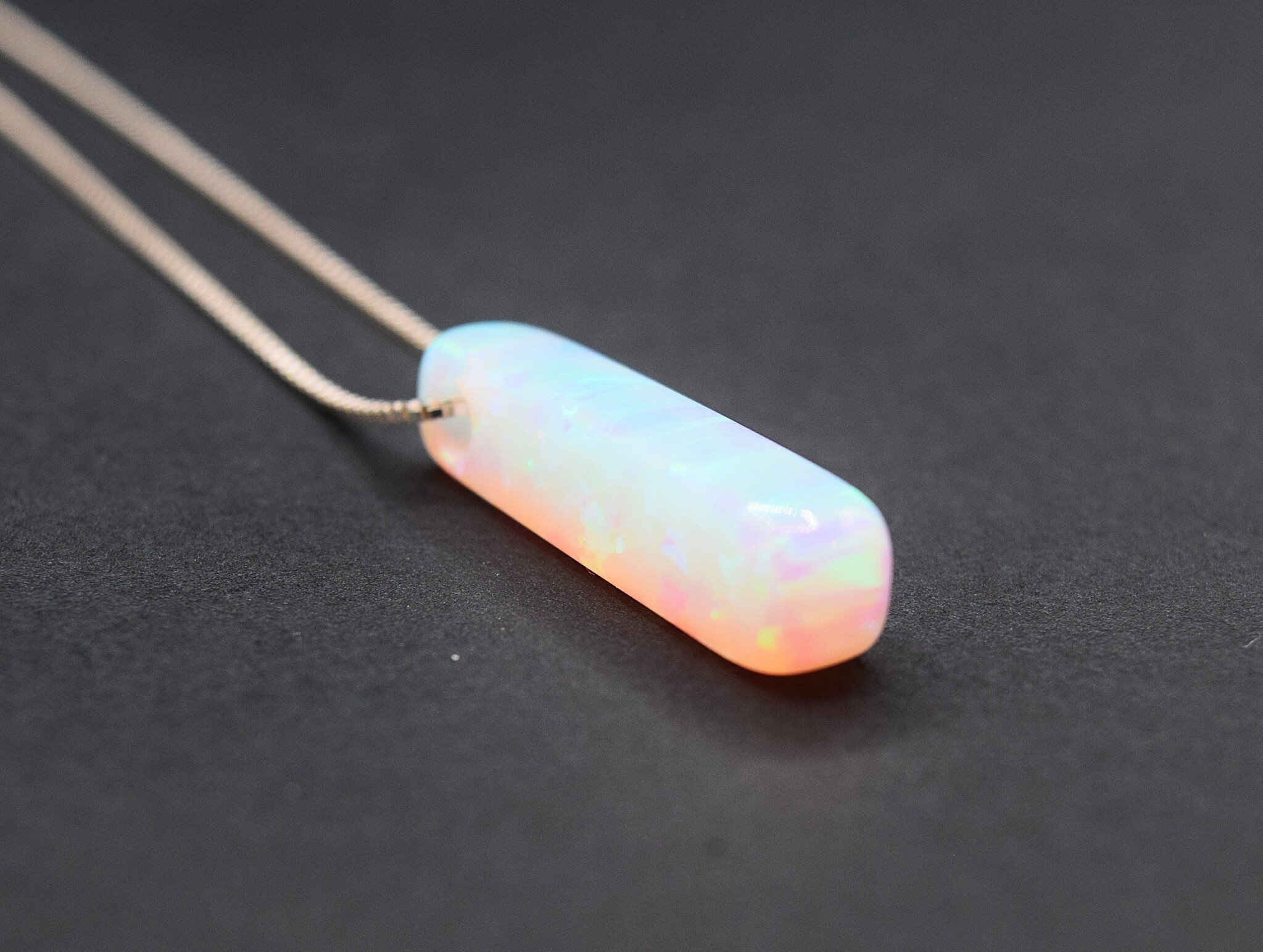 WLM 024 SS Lab Grown White Opal 21x6.5x6mm Drilled Bar Pendant With 18" 0.9mm Box Chain Necklace,