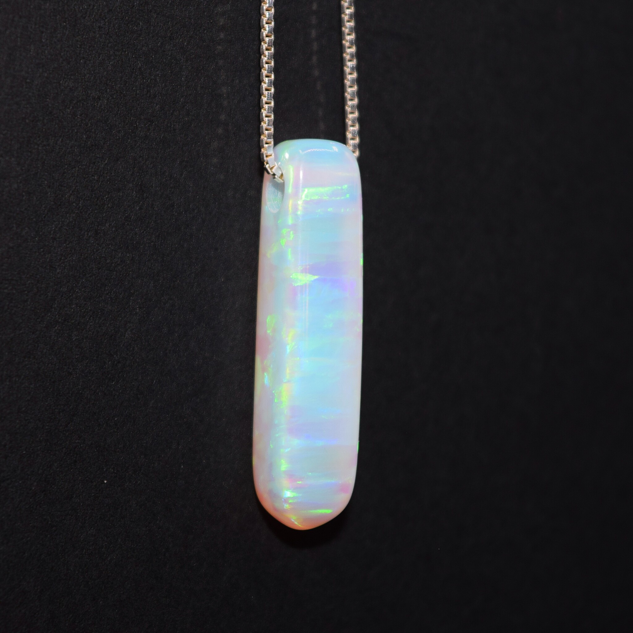 WLM 024 SS Lab Grown White Opal 21x6.5x6mm Drilled Bar Pendant With 18" 0.9mm Box Chain Necklace,