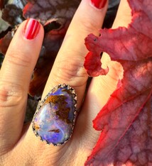WLM 024 Australian Boulder Opal 25mm Freeform Cabochon Ring, Sz. 7.5