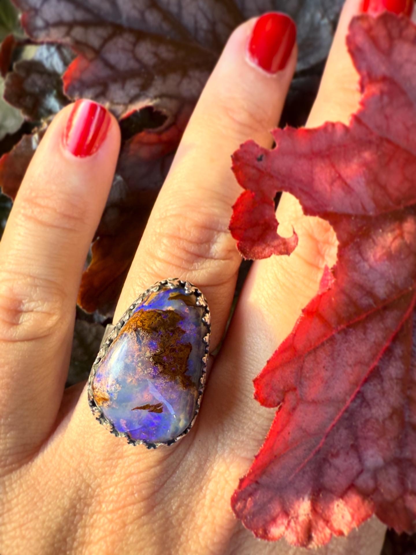 WLM 024 Australian Boulder Opal 25mm Freeform Cabochon Ring, Sz. 7.5