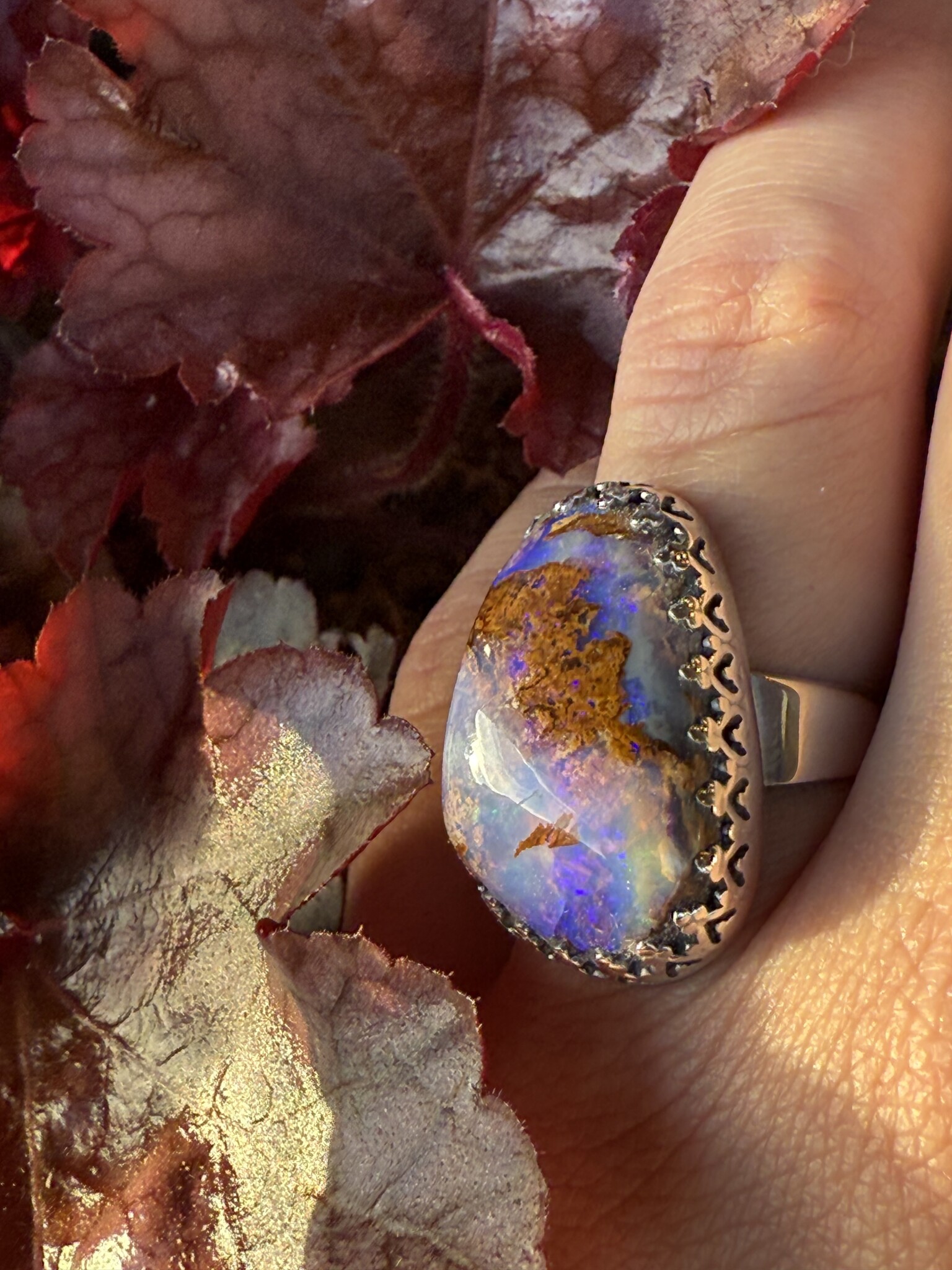 WLM 024 Australian Boulder Opal 25mm Freeform Cabochon Ring, Sz. 7.5