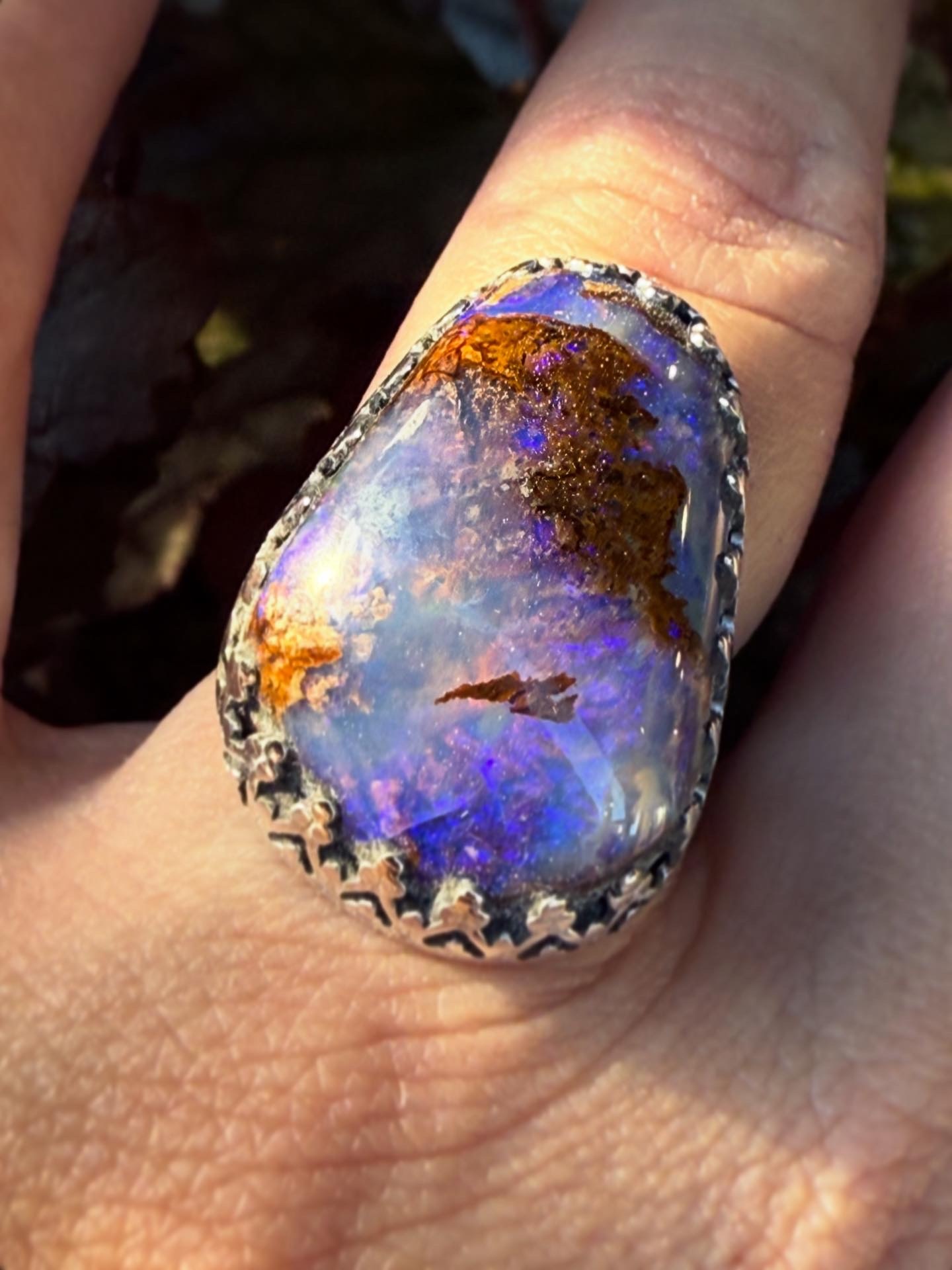 WLM 024 Australian Boulder Opal 25mm Freeform Cabochon Ring, Sz. 7.5