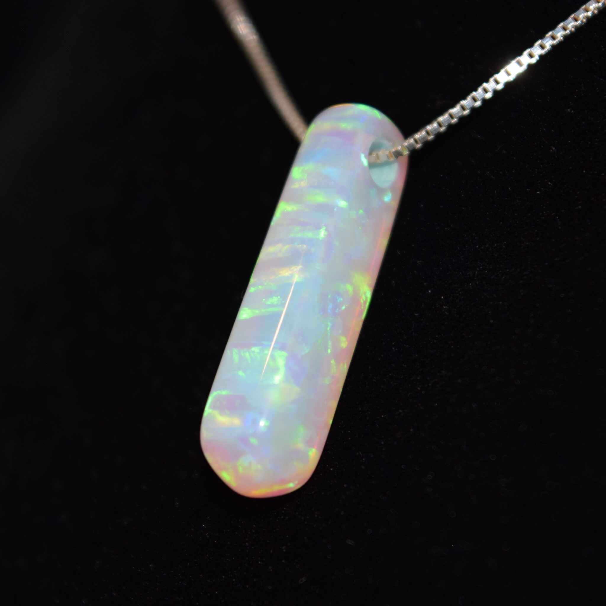 WLM 024 SS Lab Grown White Opal 21x6.5x6mm Drilled Bar Pendant With 18" 0.9mm Box Chain Necklace,