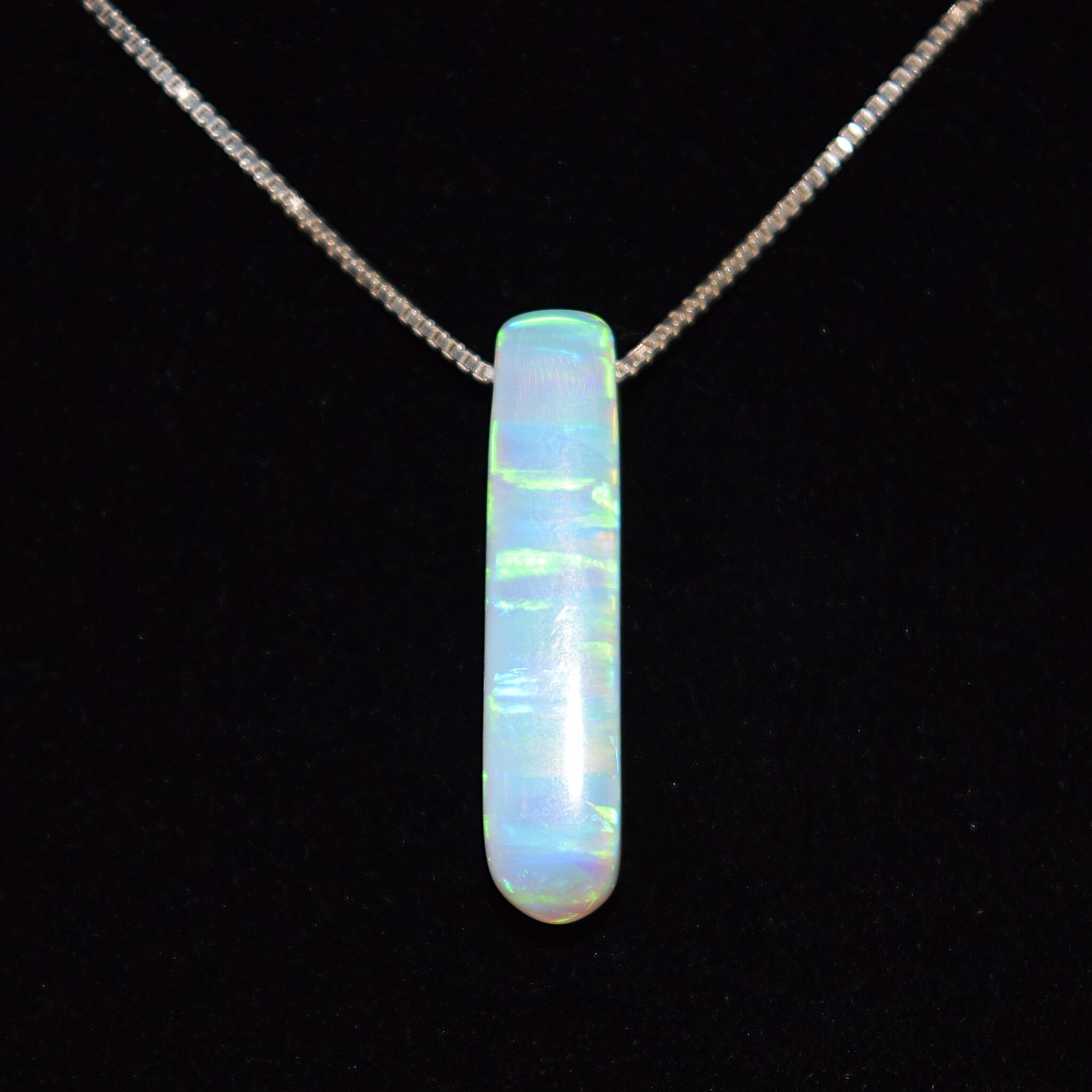 WLM 024 SS Lab Grown White Opal 21x6.5x6mm Drilled Bar Pendant With 18" 0.9mm Box Chain Necklace,
