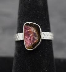 SS Watermelon Tourmaline 14mm Freeform Slice Ring, Sz. 7.75