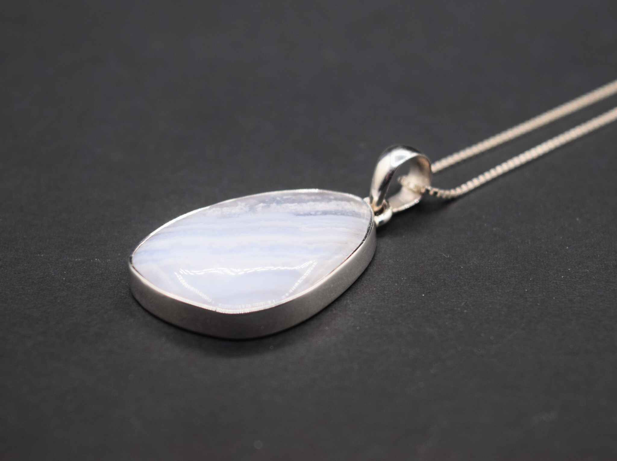 SAF 006 SS Blue Lace Agate 20x29mm Freeform Cabochon Bezel Set Pendant With Gourmette Chain Necklace