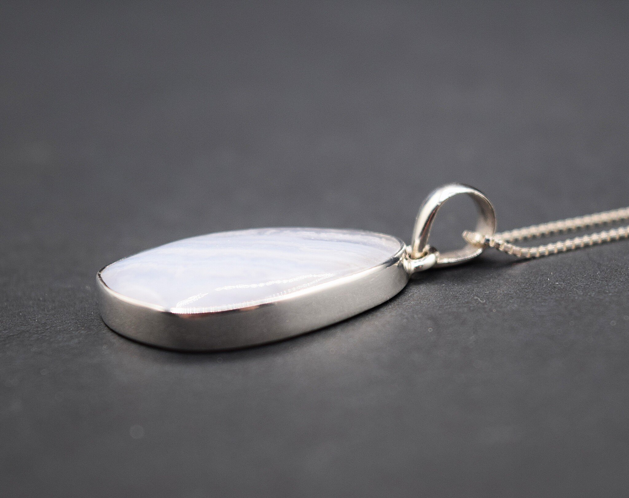 SAF 006 SS Blue Lace Agate 20x29mm Freeform Cabochon Bezel Set Pendant With Gourmette Chain Necklace