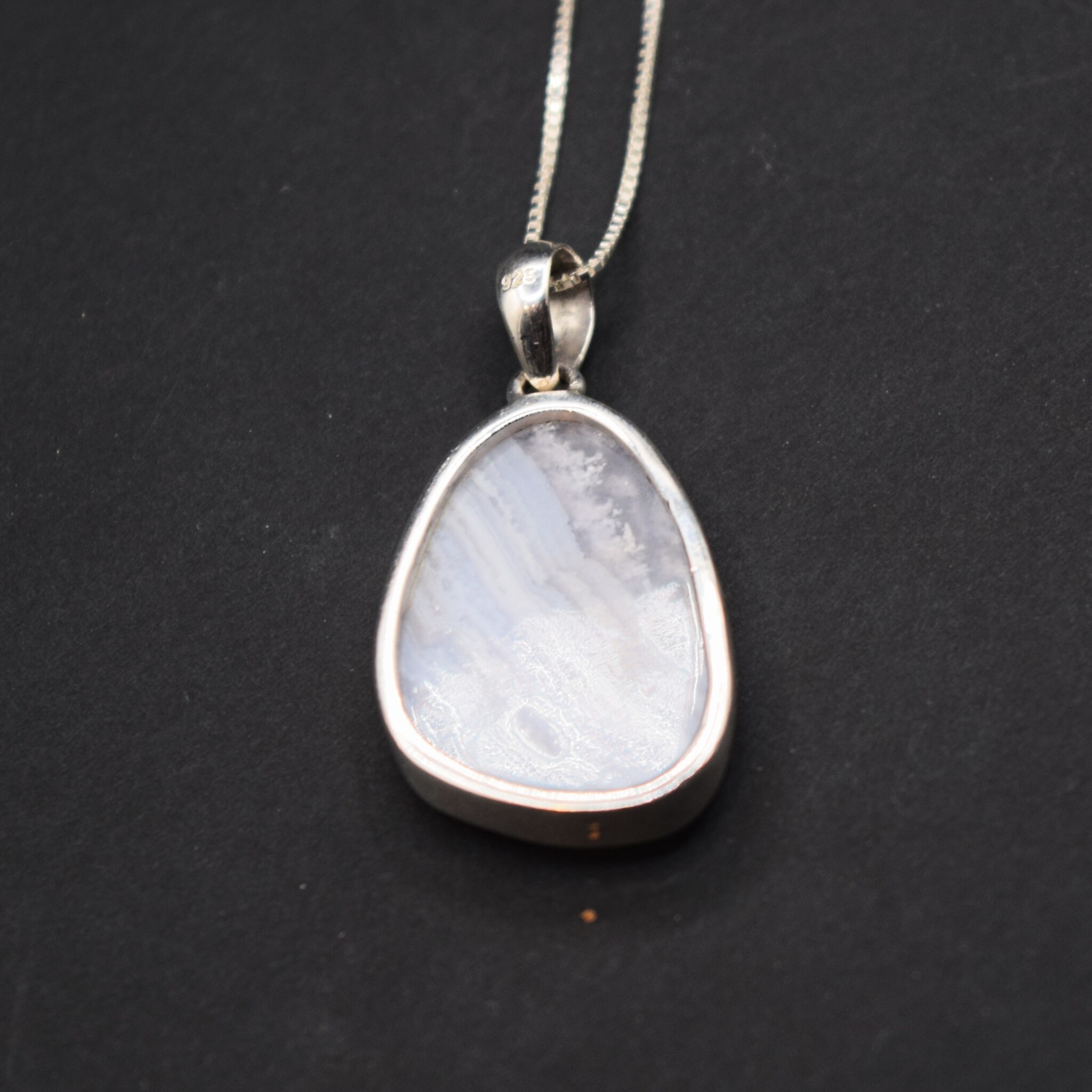 SAF 006 SS Blue Lace Agate 20x29mm Freeform Cabochon Bezel Set Pendant With Gourmette Chain Necklace