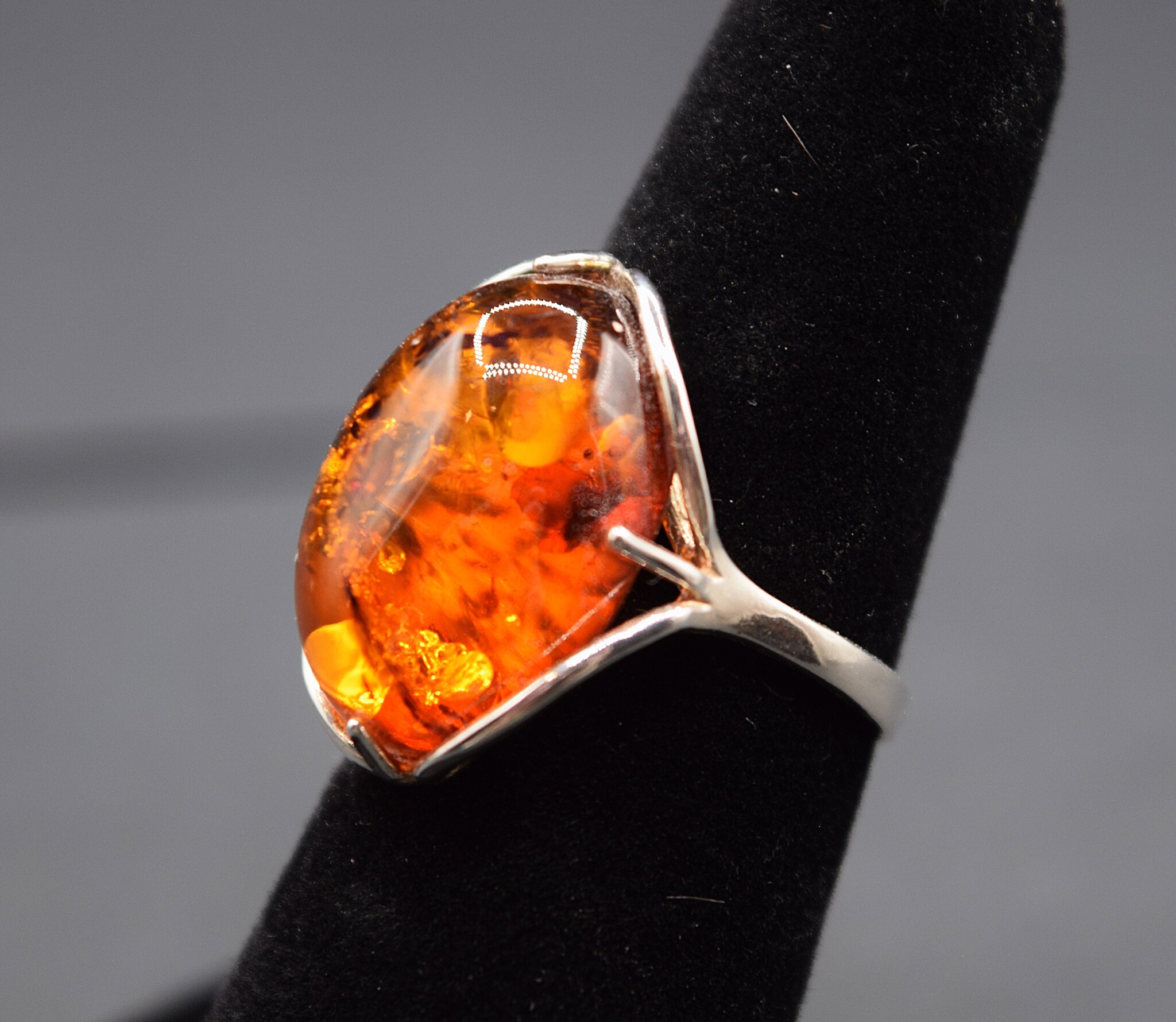 SS Amber Oval Cab Filigree Arch Bezel Set Ring Size 6.5