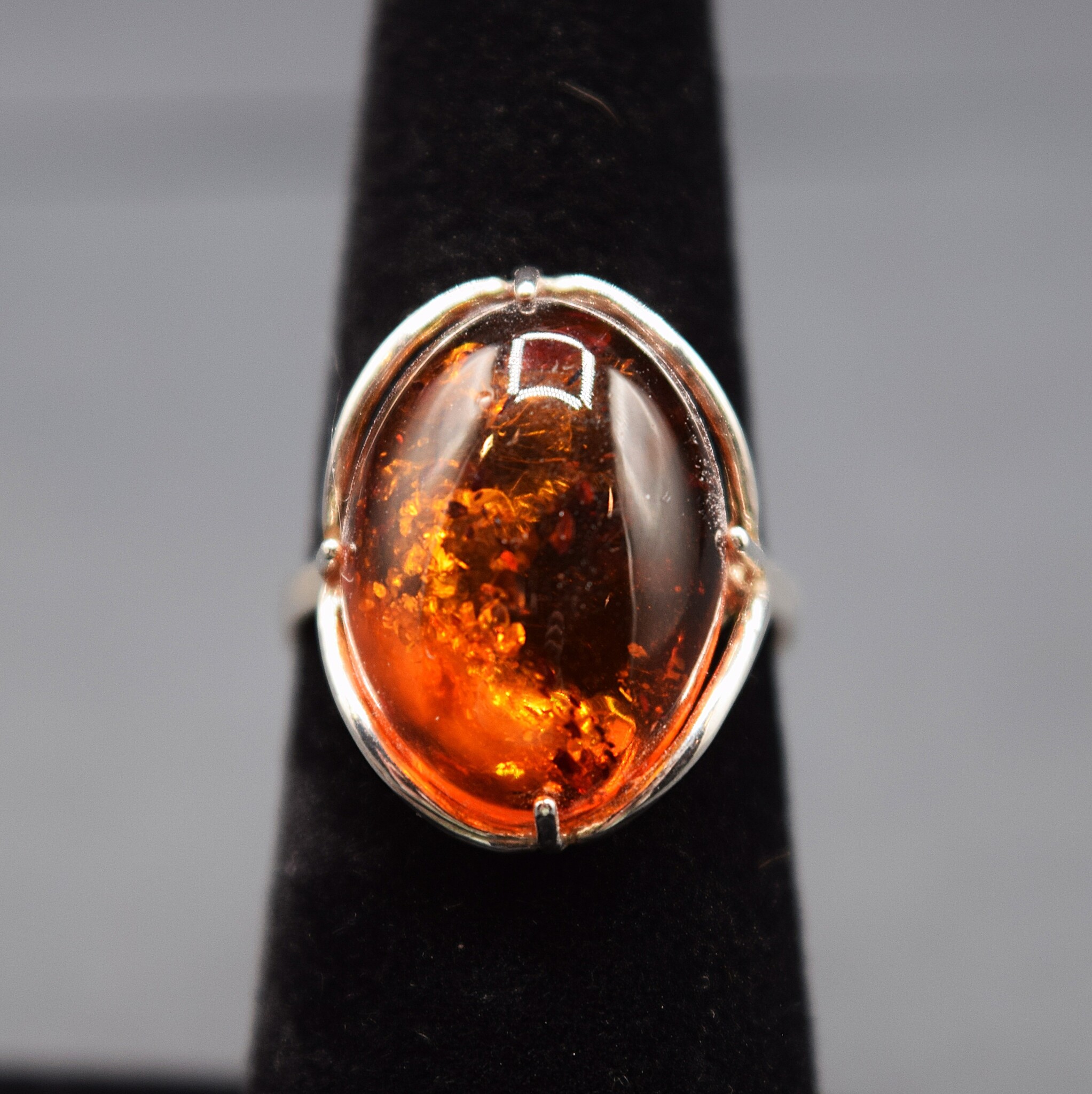 SS Amber Oval Cab Filigree Arch Bezel Set Ring Size 6.5