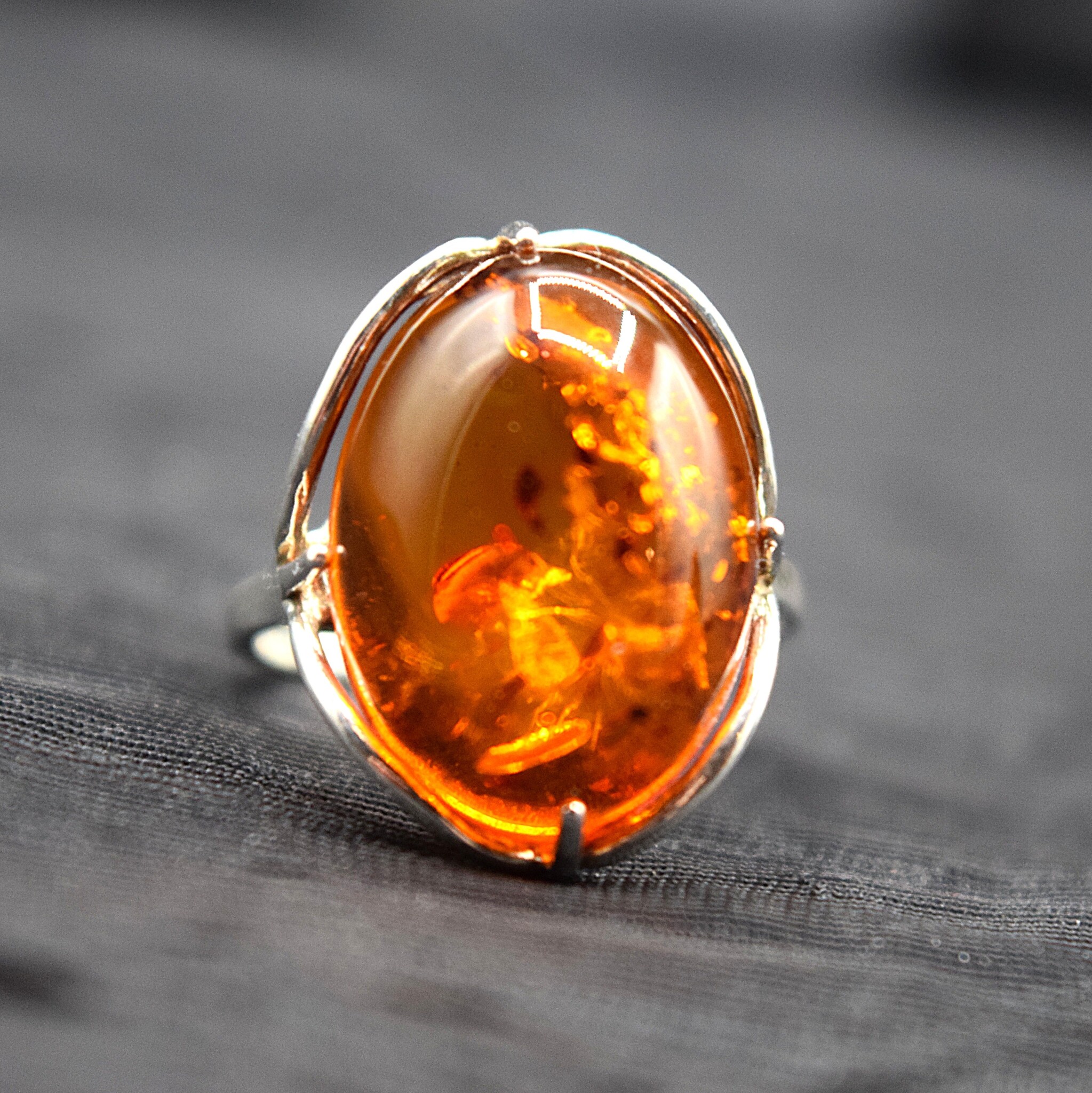 SS Amber Oval Cab Filigree Arch Bezel Set Ring Size 6.5