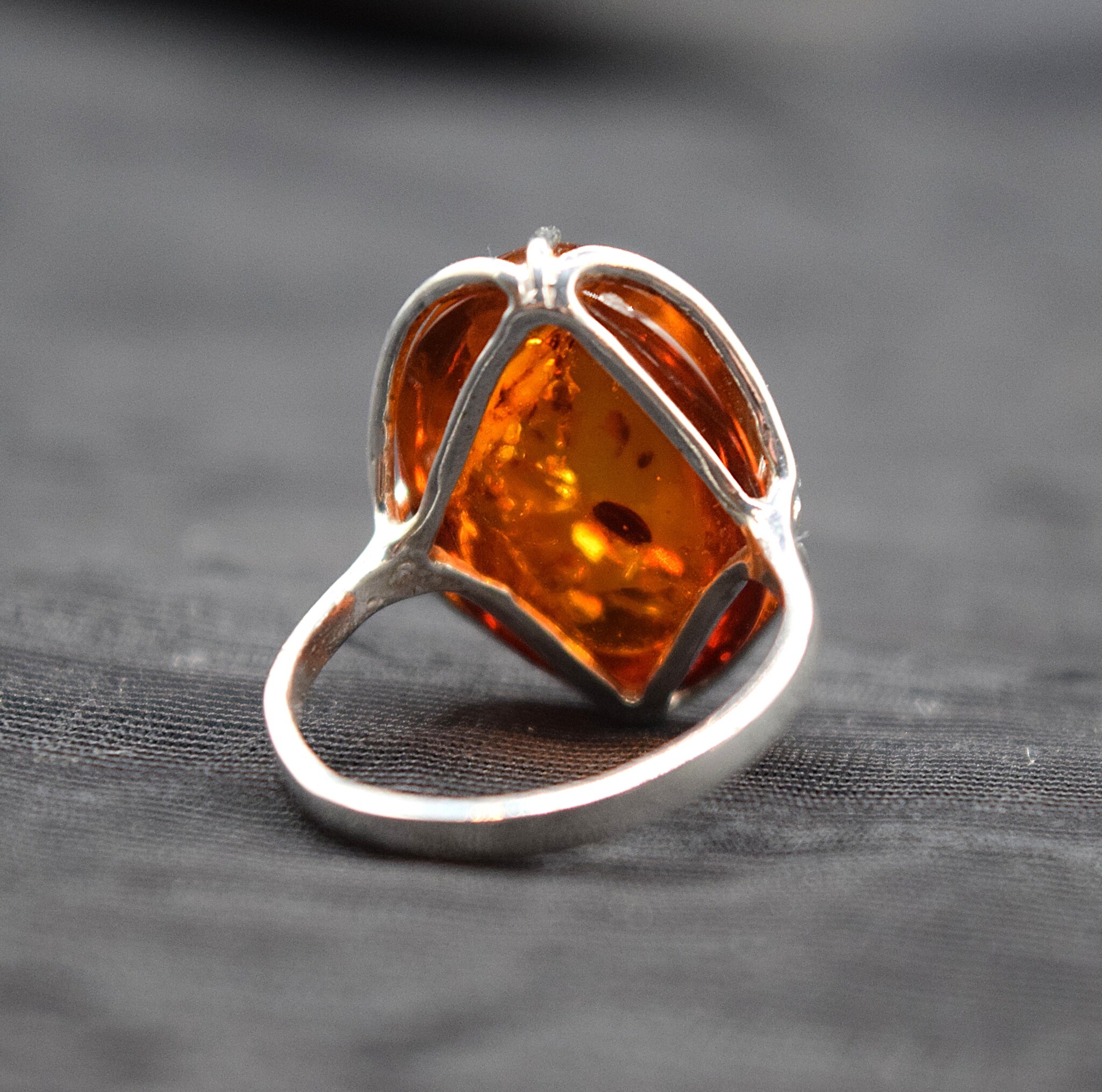 SS Amber Oval Cab Filigree Arch Bezel Set Ring Size 6.5