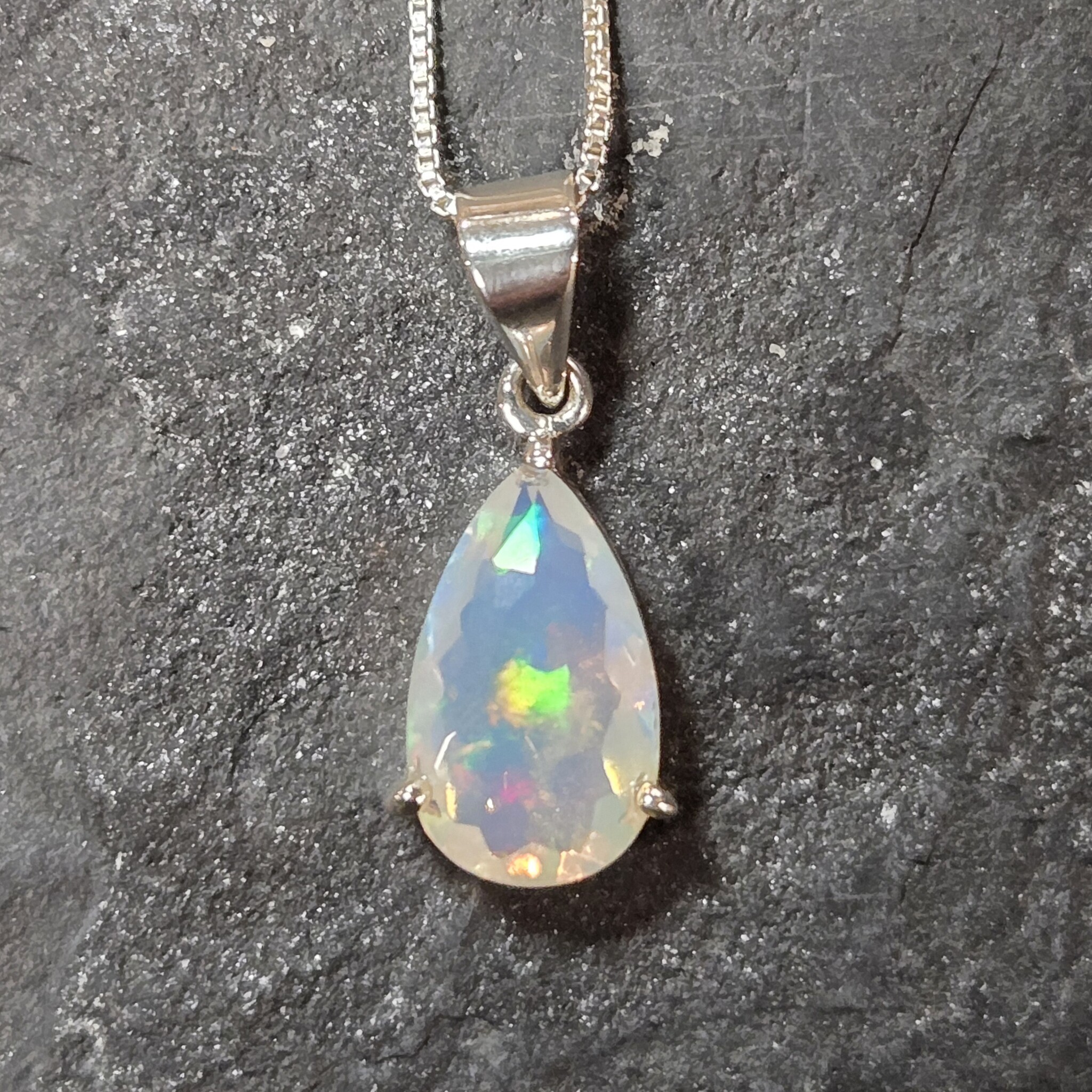 SS Ethiopian Opal Faceted Teardrop Three-Prong Set Pendant on 18" Chain Necklace
