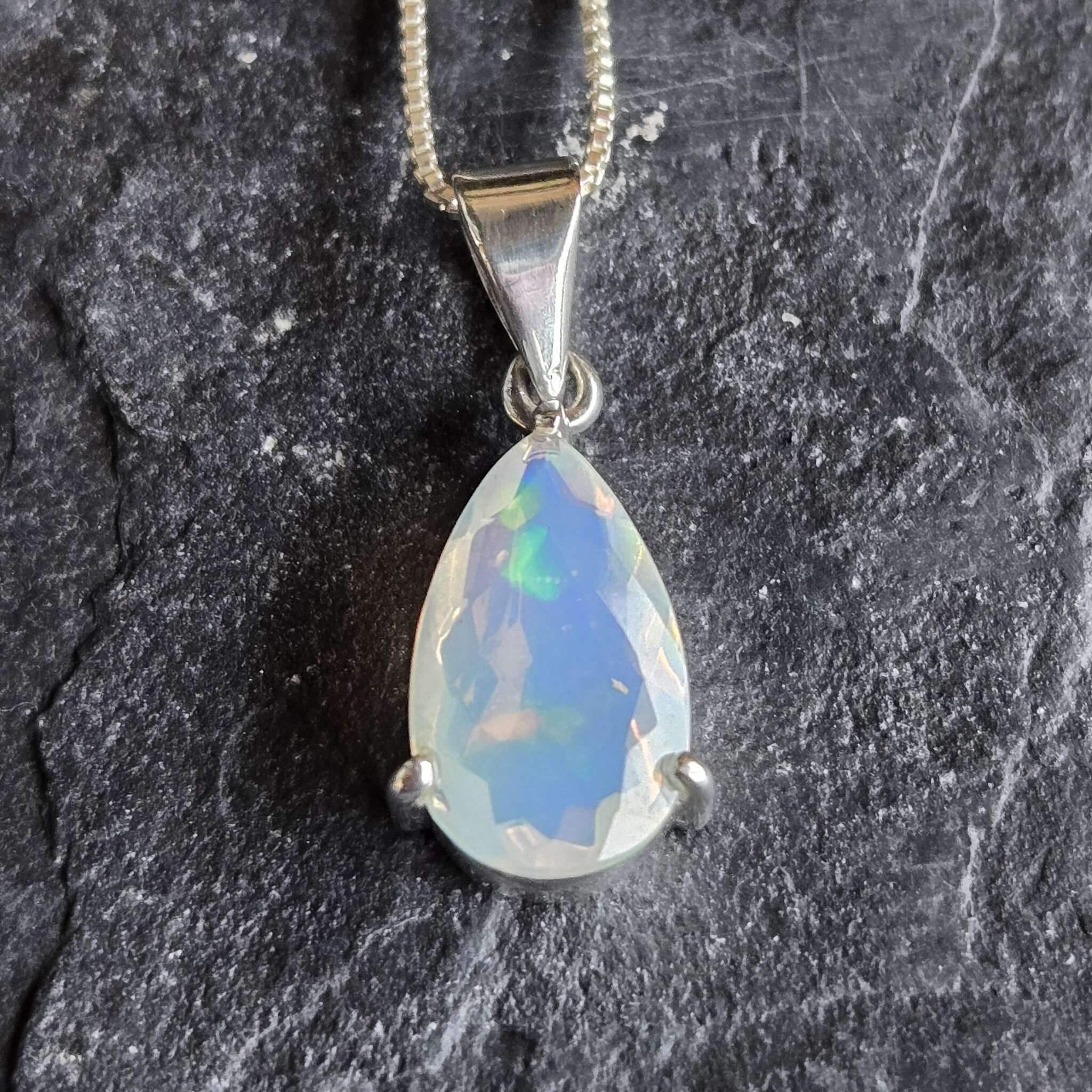 SS Ethiopian Opal Faceted Teardrop Three-Prong Set Pendant on 18" Chain Necklace