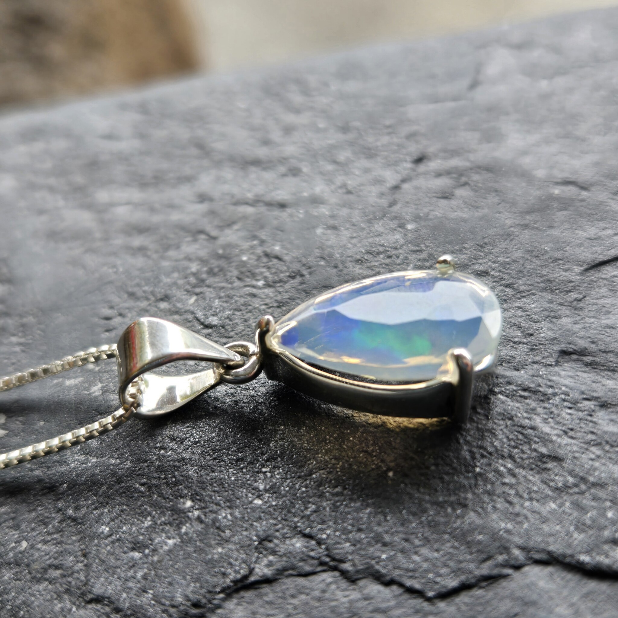SS Ethiopian Opal Faceted Teardrop Three-Prong Set Pendant on 18" Chain Necklace