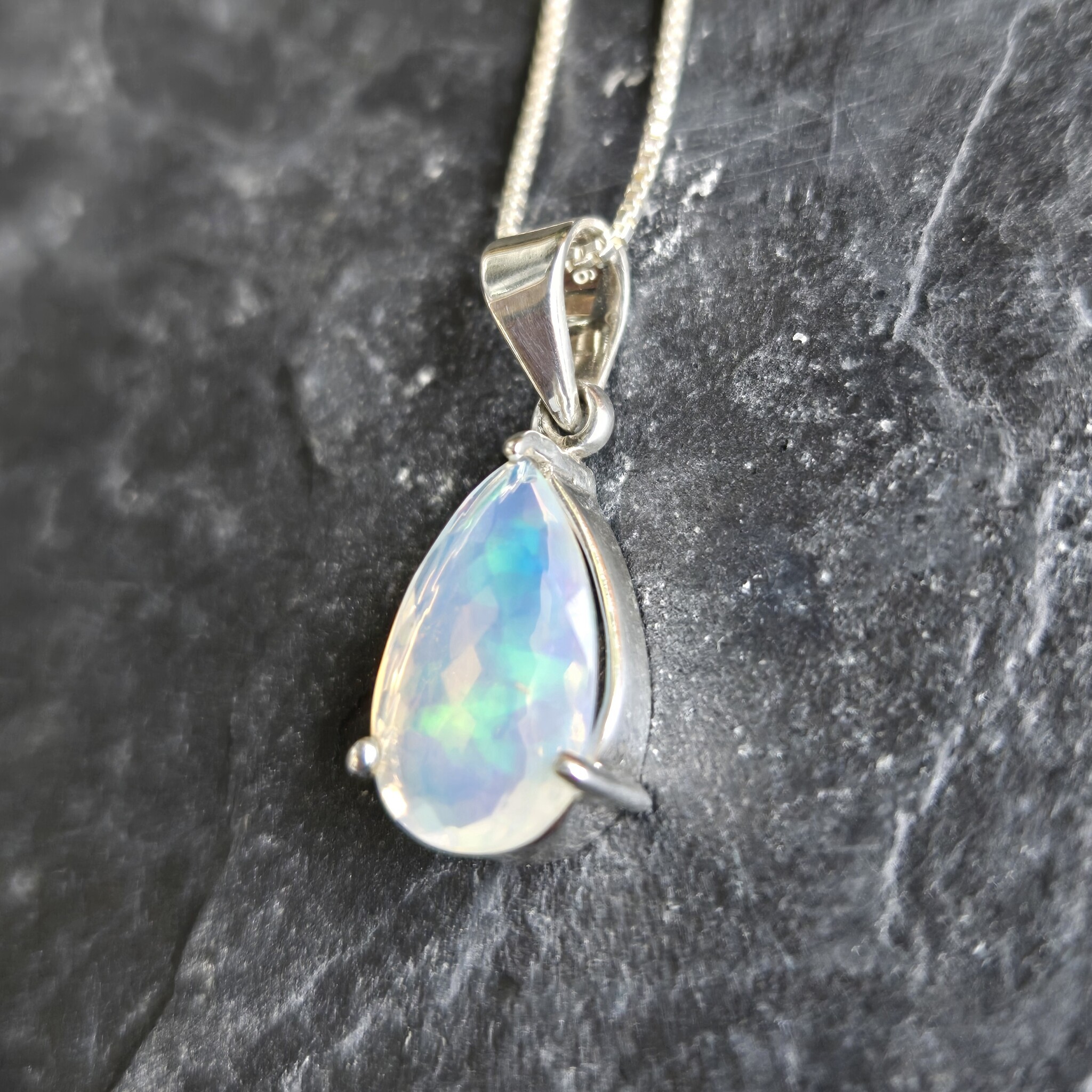 SS Ethiopian Opal Faceted Teardrop Three-Prong Set Pendant on 18" Chain Necklace