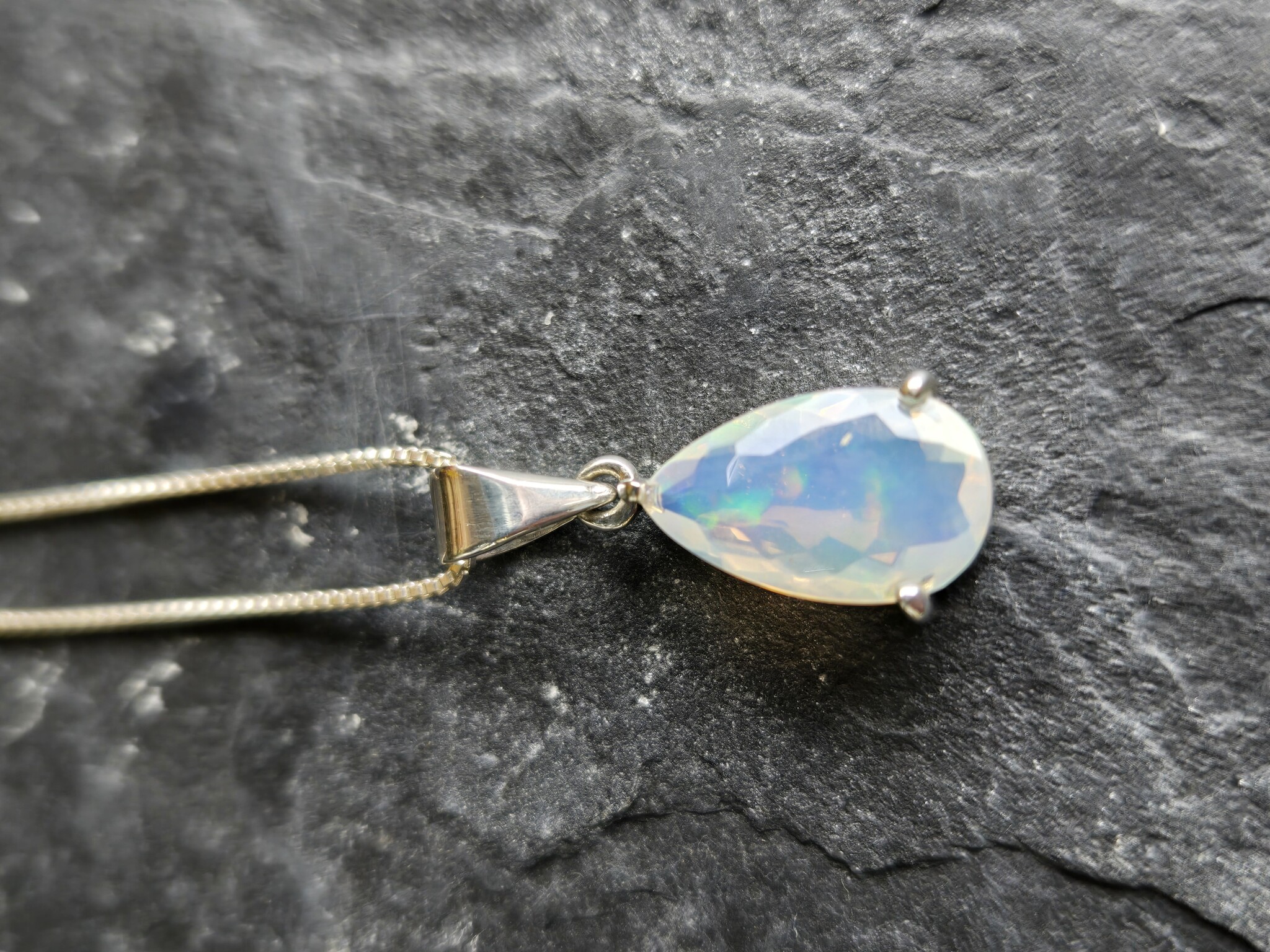SS Ethiopian Opal Faceted Teardrop Three-Prong Set Pendant on 18" Chain Necklace