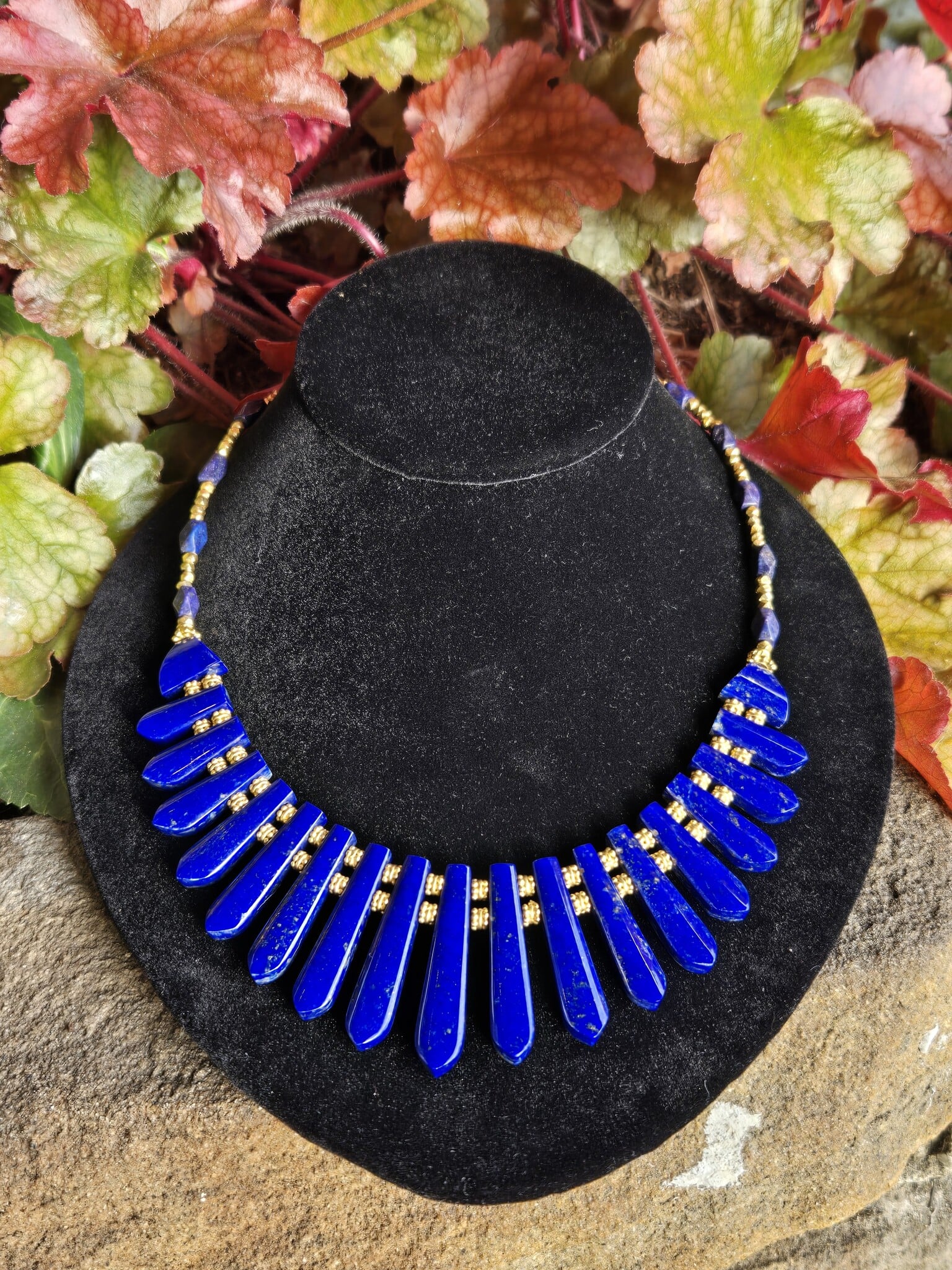 22K Gold Vermeil Lapis Lazuli Cleopatra Necklace  With 31 Lapis Beads and 96 Vermeil Beads, Toggle Clasp, 17"