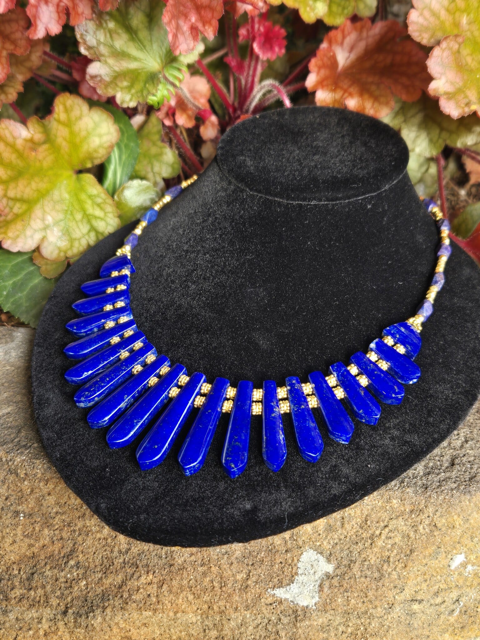 22K Gold Vermeil Lapis Lazuli Cleopatra Necklace  With 31 Lapis Beads and 96 Vermeil Beads, Toggle Clasp, 17"