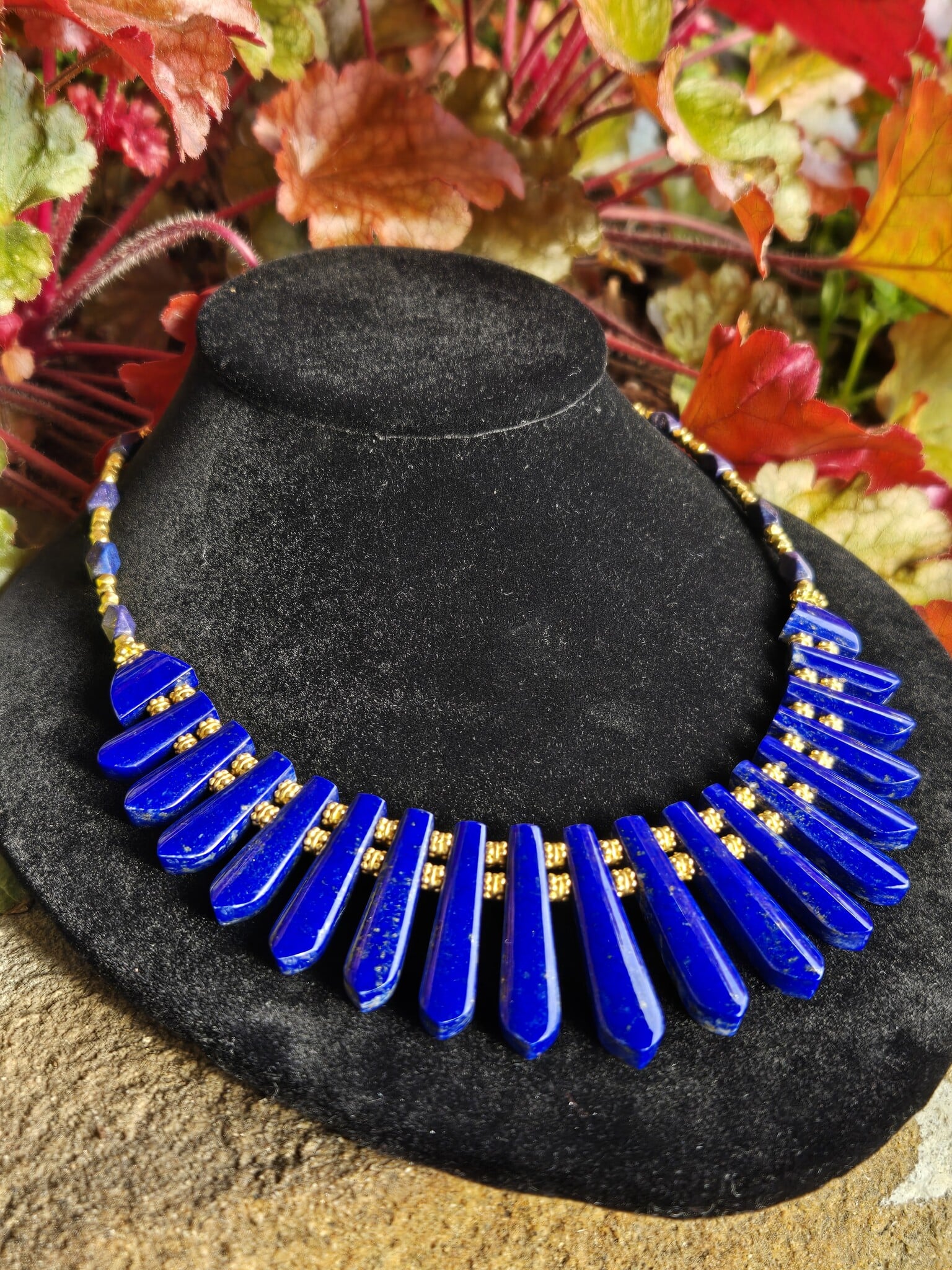 22K Gold Vermeil Lapis Lazuli Cleopatra Necklace  With 31 Lapis Beads and 96 Vermeil Beads, Toggle Clasp, 17"