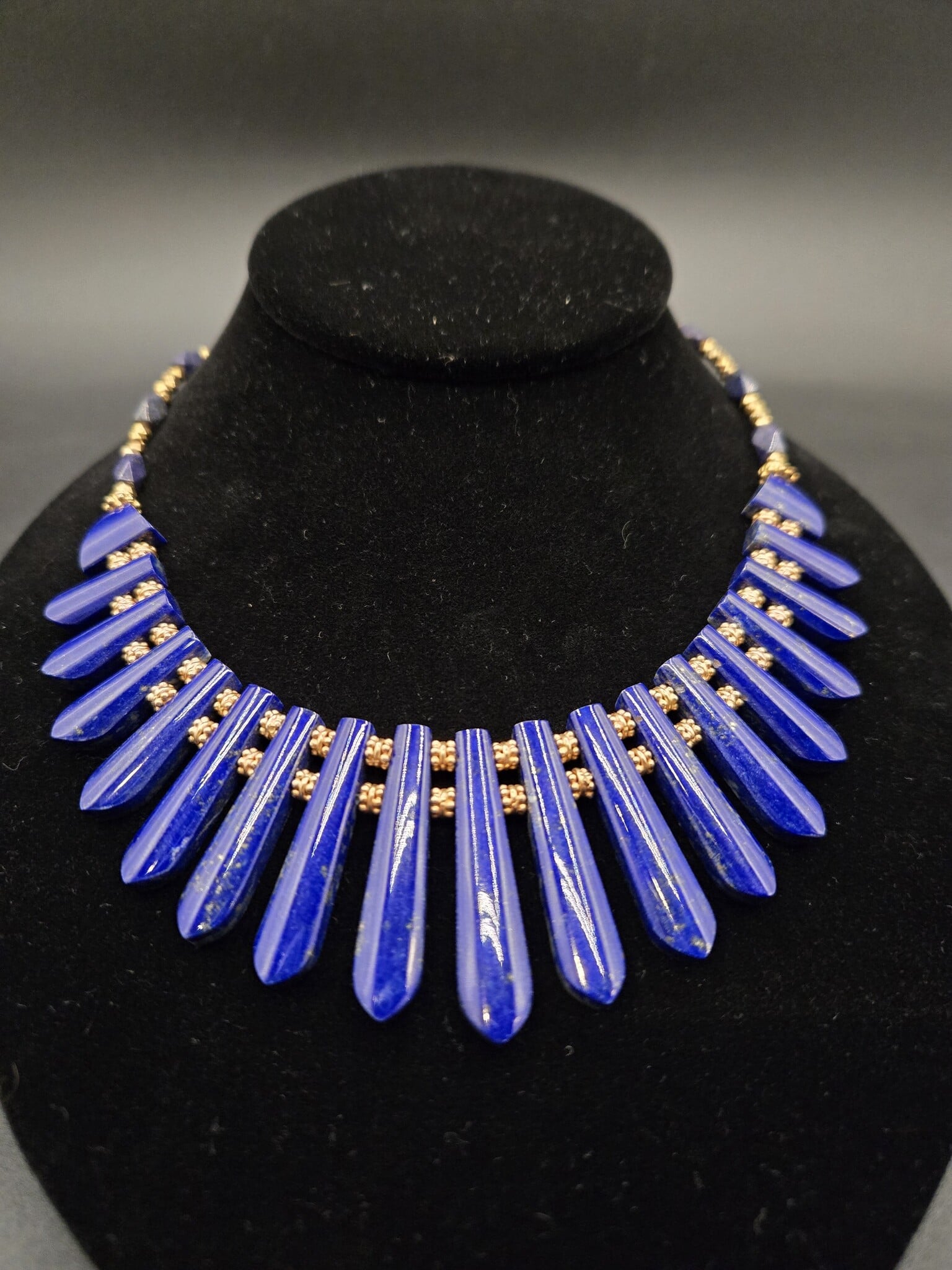 22K Gold Vermeil Lapis Lazuli Cleopatra Necklace  With 31 Lapis Beads and 96 Vermeil Beads, Toggle Clasp, 17"