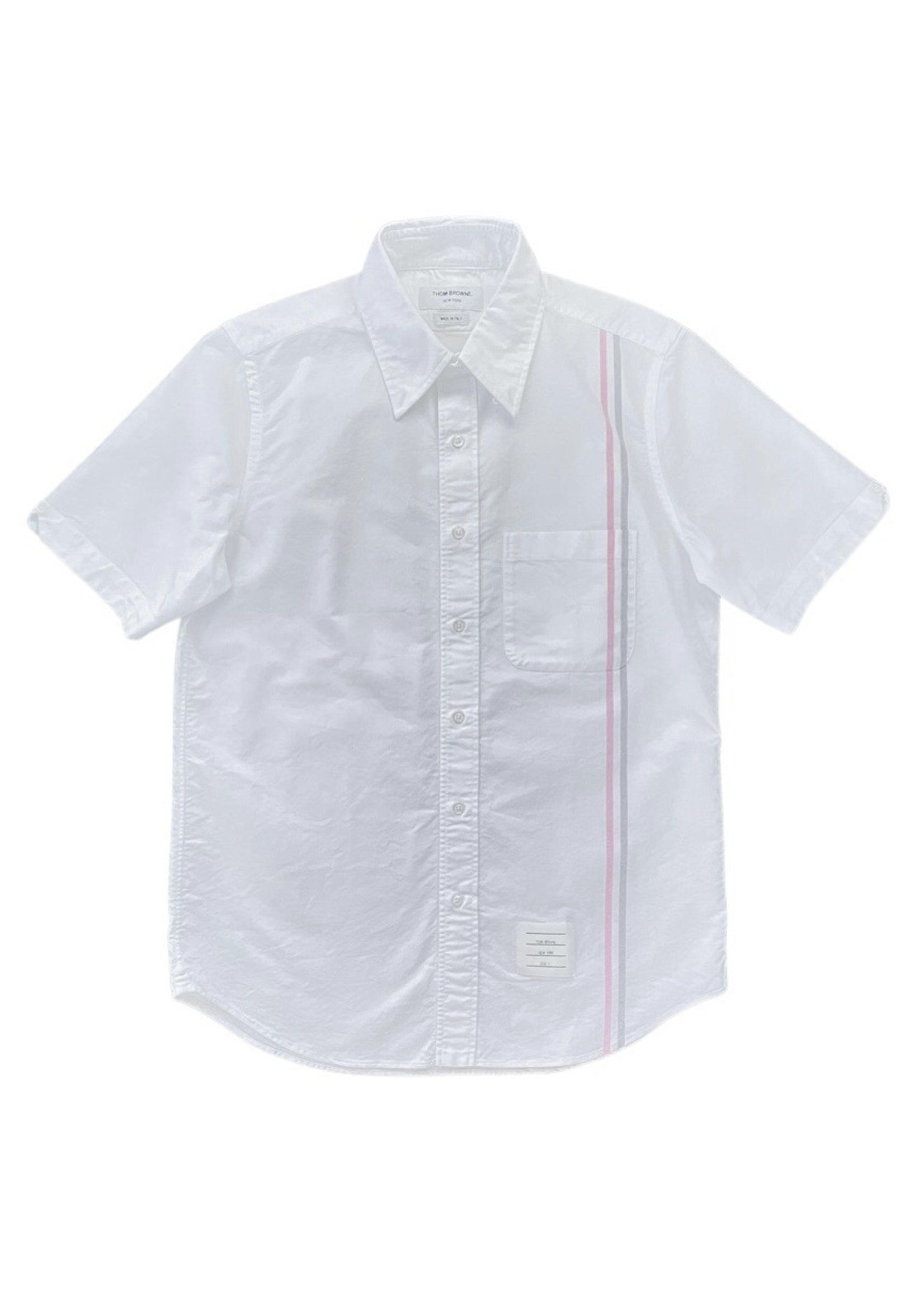 THOM BROWNE STRAIGHT FIT SHORT SLEEVE OXFORD SHIRT WITH STRIPE