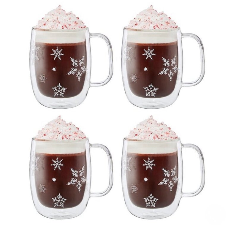 Snowflake Double Walled 12 oz Coffee Mugs - Set of 4