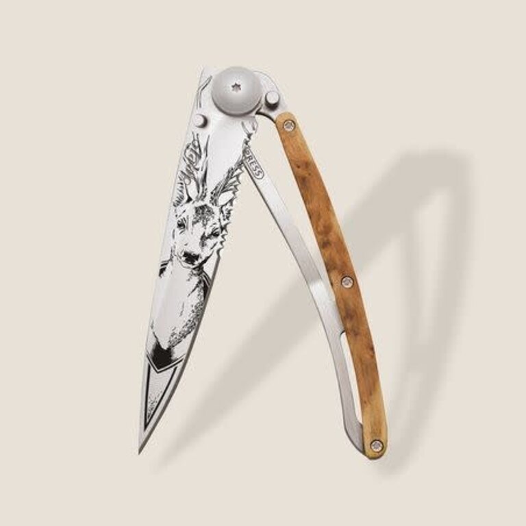 Deejo 37g Serrated, Knife Deer Juniper Wood, Grey