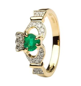 Shanore 14k Gold Claddagh Emerald + Diamond Ring