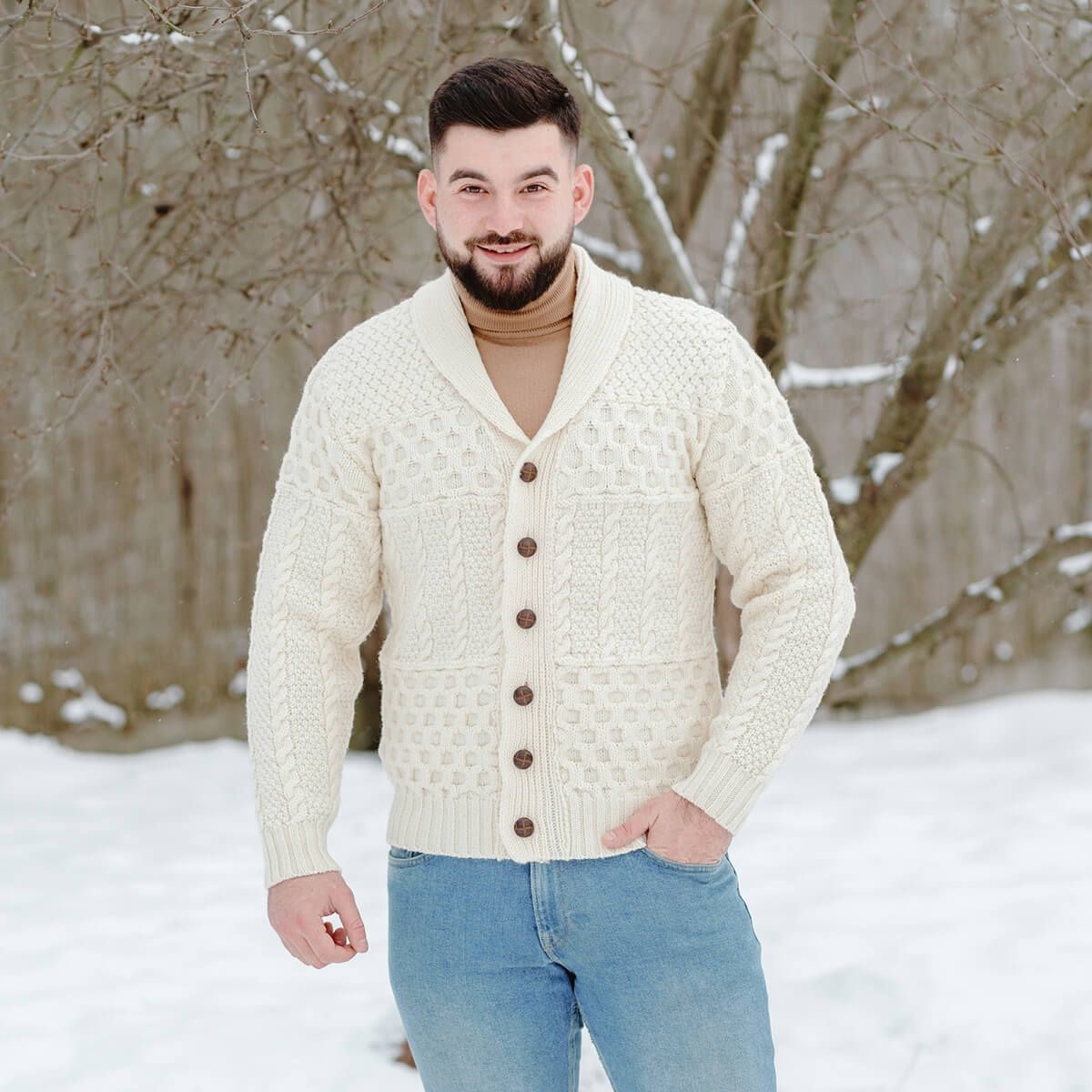 SAOL Cable Shawl-Collar Natural Cardigan