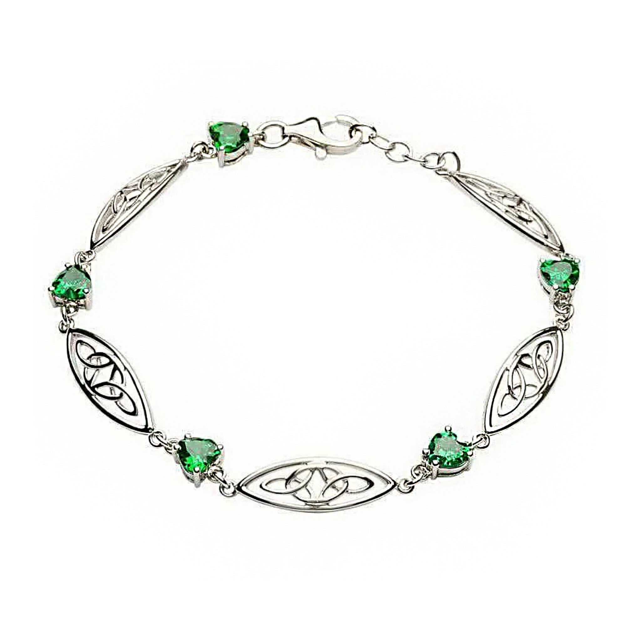 Shanore Sterling Silver Trinity Bracelet with Green Hearts
