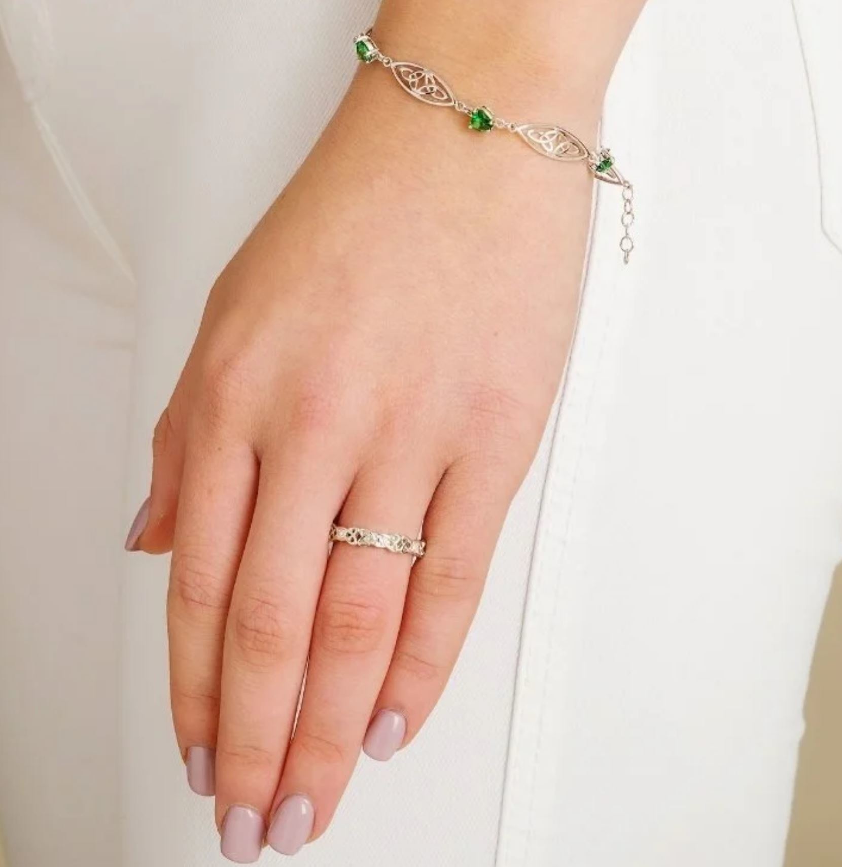 Shanore Sterling Silver Trinity Bracelet with Green Hearts