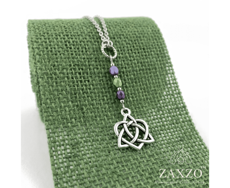 Zaxzo Celtic Sister Knot 24" Necklace w/ Purple/Green Beads