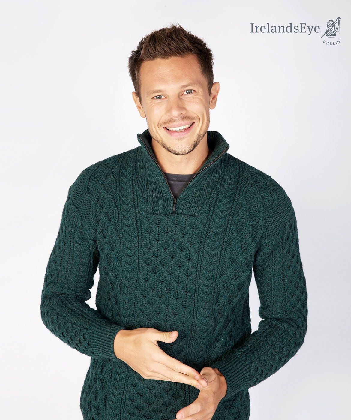 IrelandsEye Knitwear Wool 1/4 Zip Evergreen Sweater