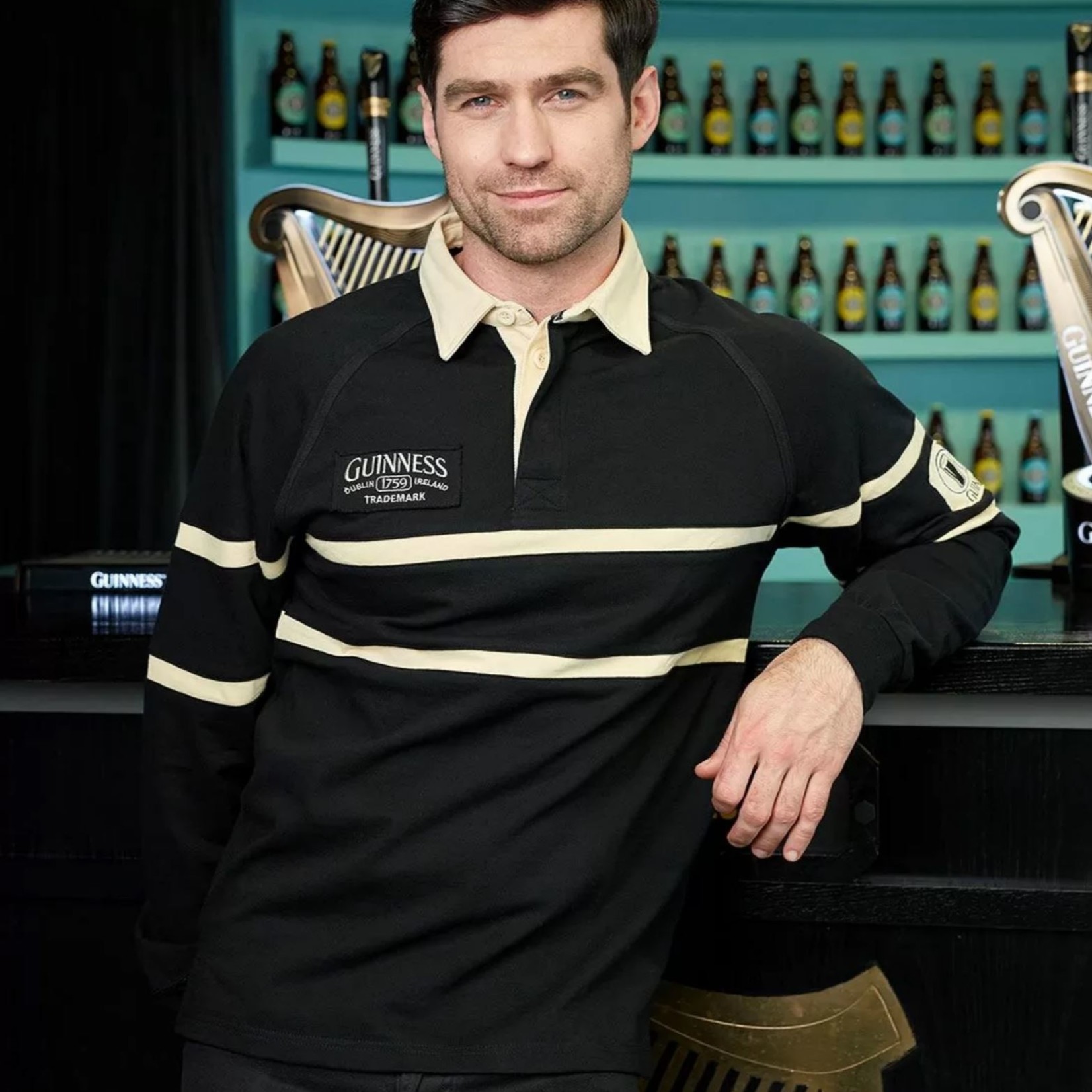 thumbnail image 2 of Guinness Rugby Shirt - Long Sleeve Striped Pub Shirt With Pewter Harp Badge 2 of 5
