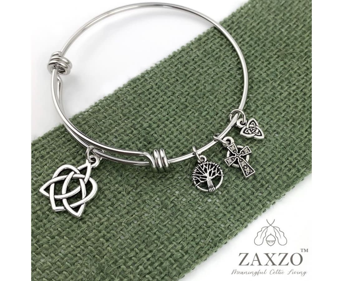 Zaxzo Celtic Sister Knot Bangle Bracelet with 3 Side Charms (8.5")