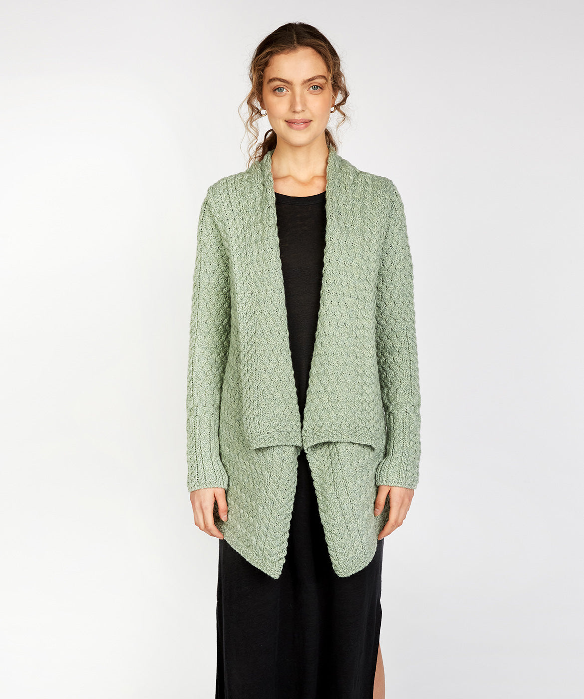 IrelandsEye Knitwear Glenross Waterfall Cardigan in Sage