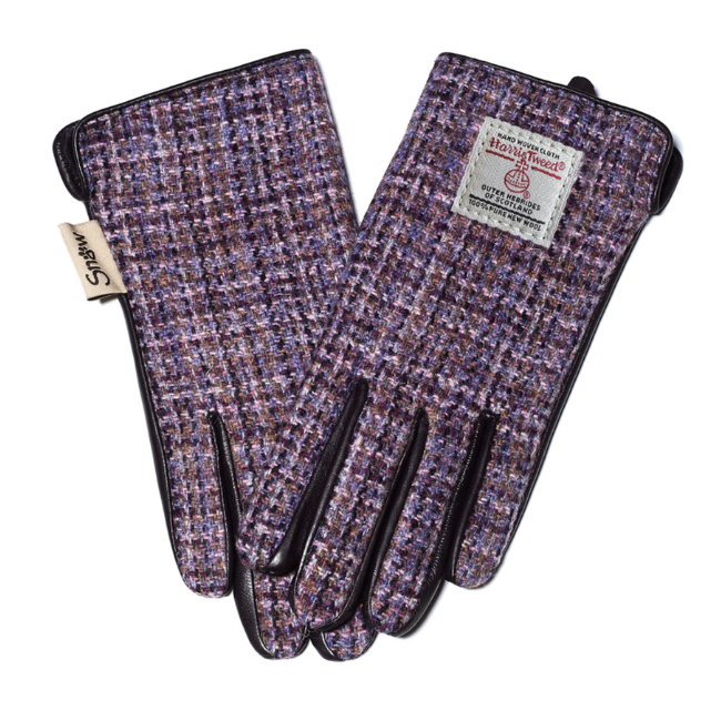 Islander Womens Tweed & Leather Gloves: Violet Dogtooth