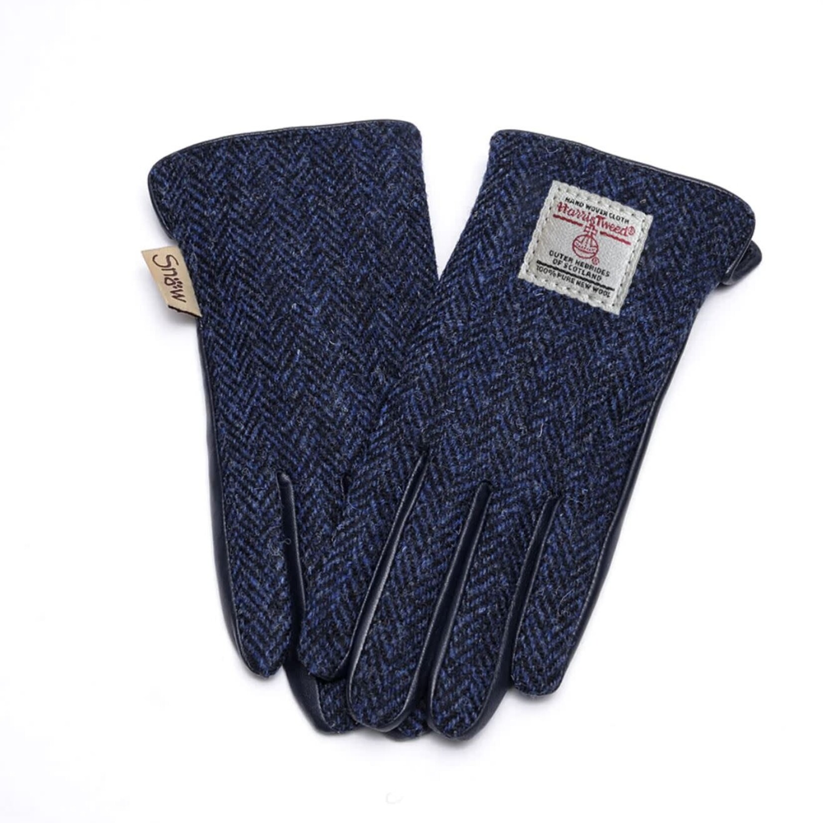 Islander Men's Tweed & Leather Gloves: Navy Herringbone