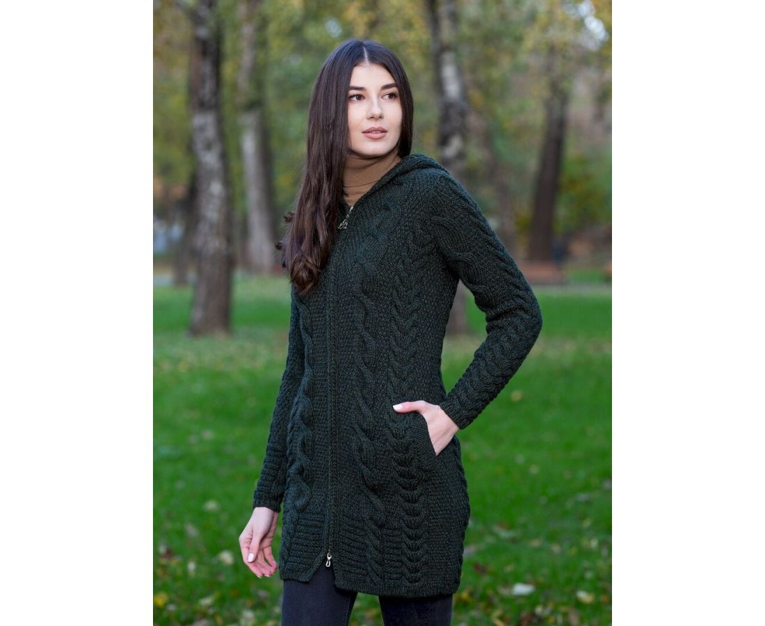 SAOL Celtic Aran Zip-up Wool Hooded Jacket