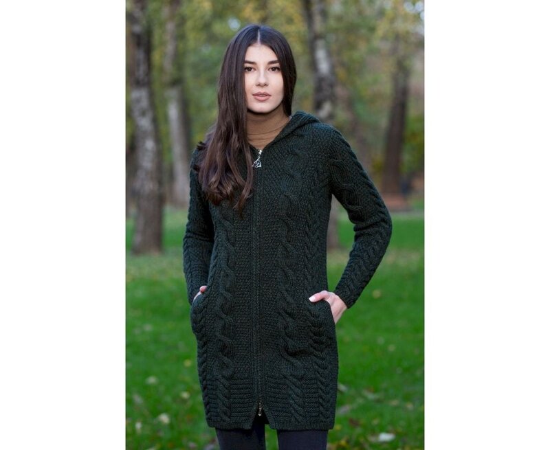 SAOL Celtic Aran Zip-up Wool Hooded Jacket