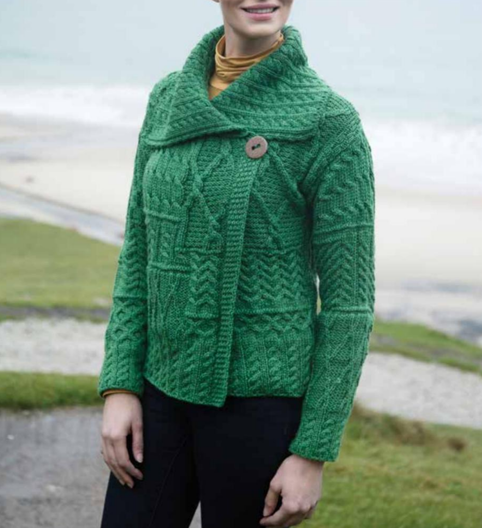 Aran Woollen Mills Patchwork 1 Button Green Cardigan:
