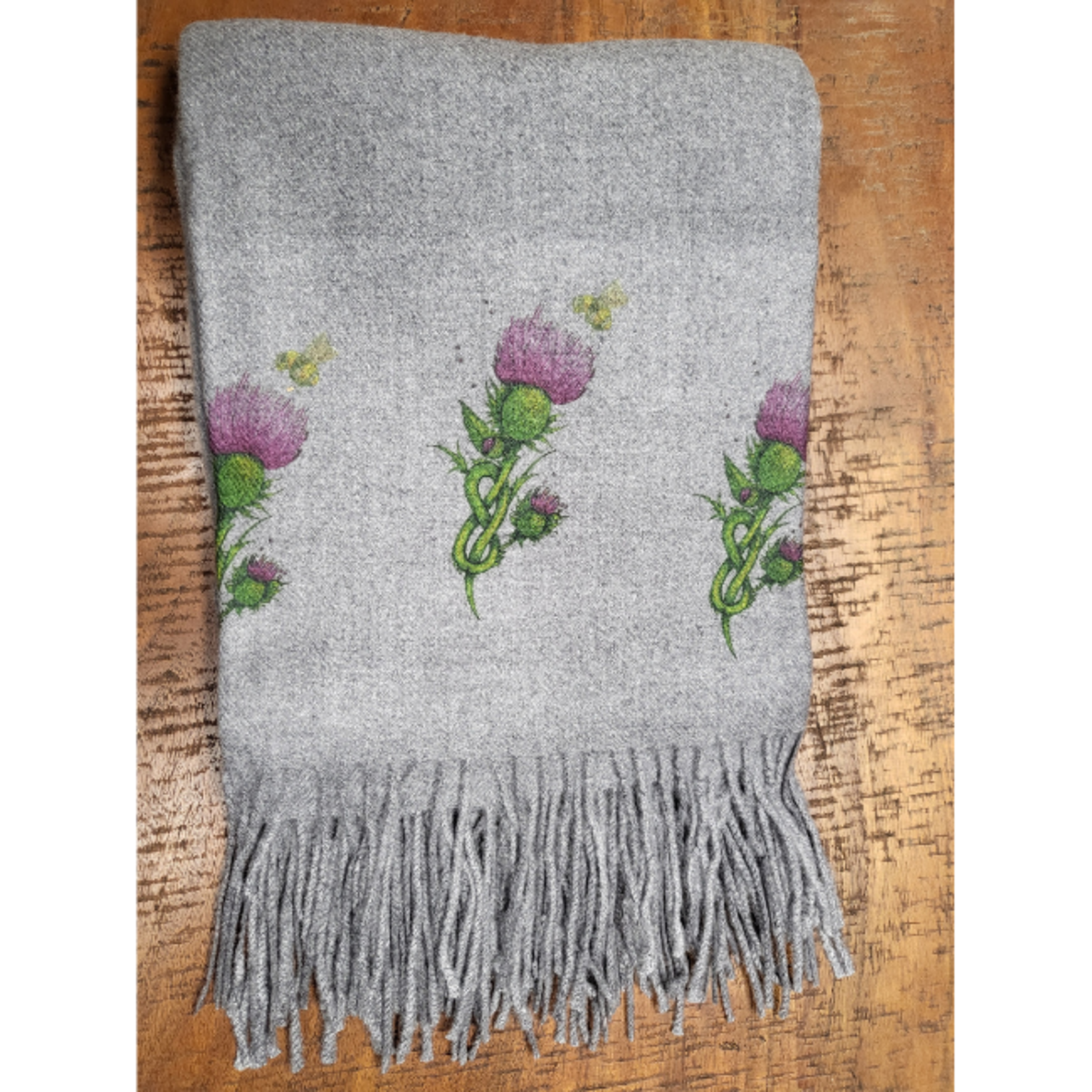 Art on Scarves Cashmere Thistle & Bee Scarf: Gray