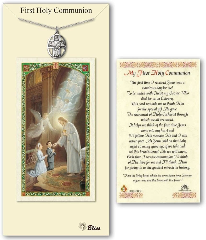 Bliss Communion 5 Way Cross Pewter Medal on Prayer Card