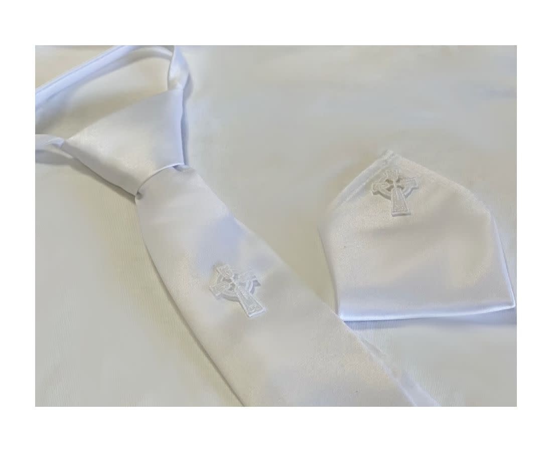 Simply Charming Boy's White Tie, Armband & Pocket Square w/ Celtic Cross